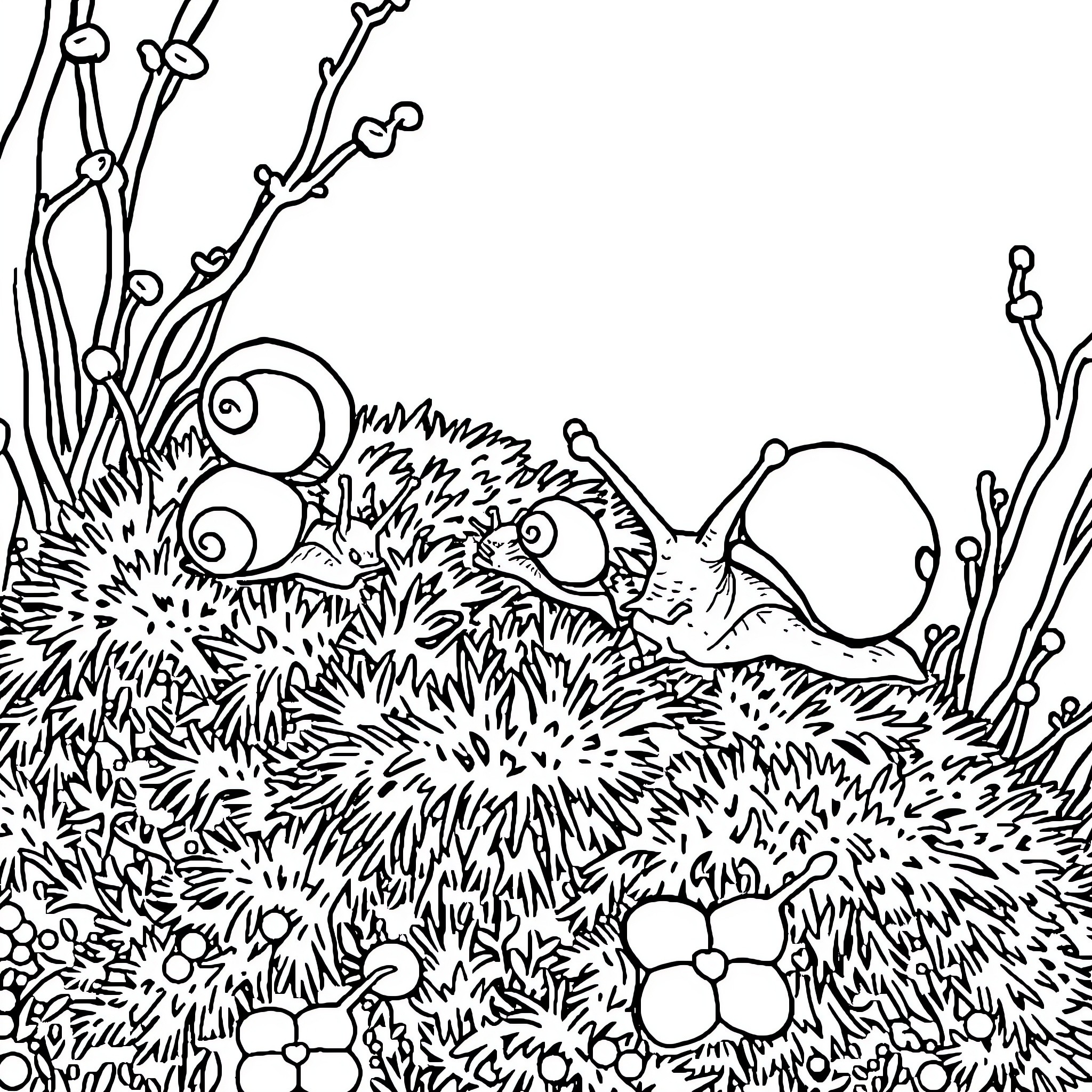 Snail hiding among grass and flowers Coloring Page (free black-and-white line drawing printable PDF for all, from beginners to advanced learners, including children, teens, adults, and seniors)
