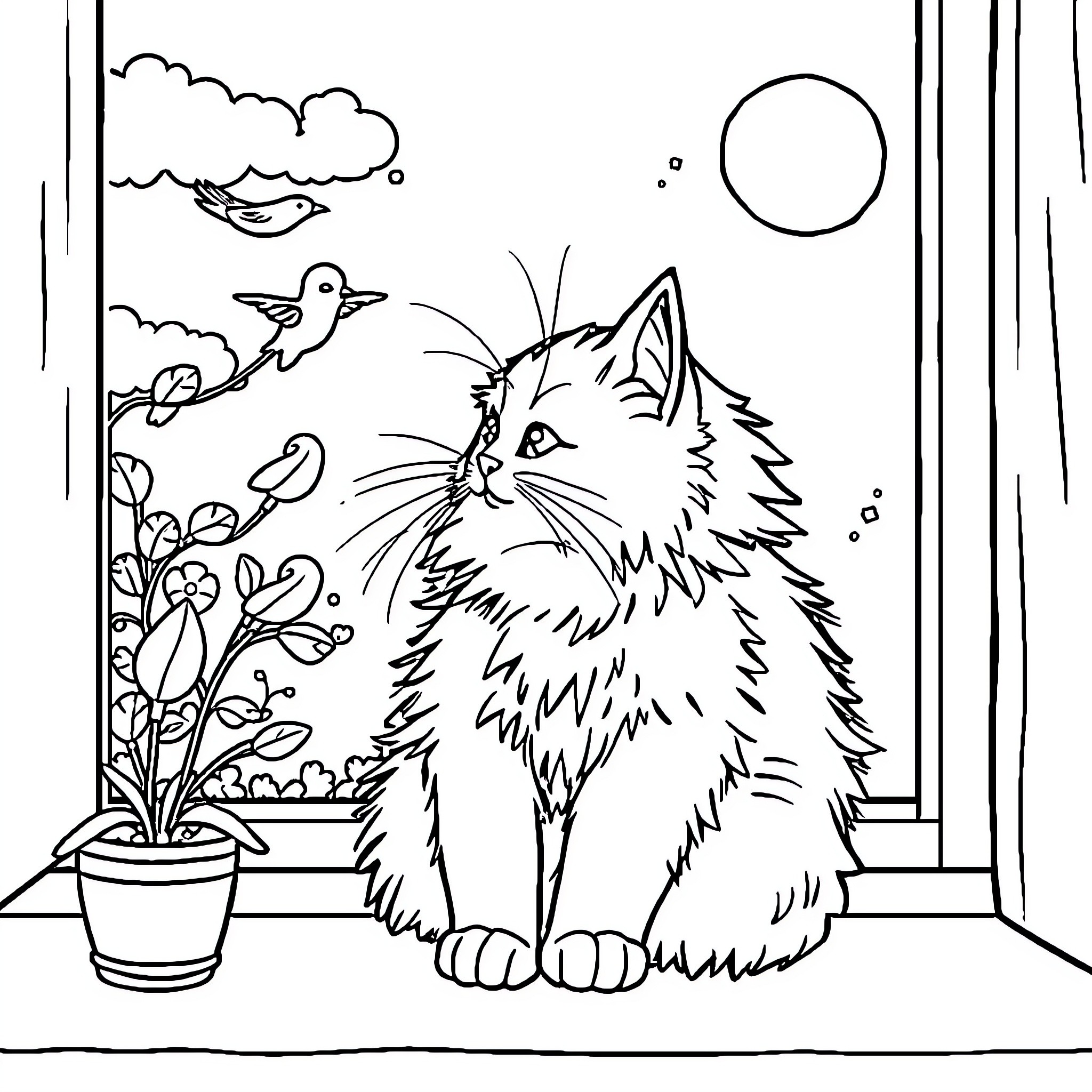 Cat gazing at birds through window Coloring Page (free black-and-white line drawing printable PDF for all, from beginners to advanced learners, including children, teens, adults, and seniors)