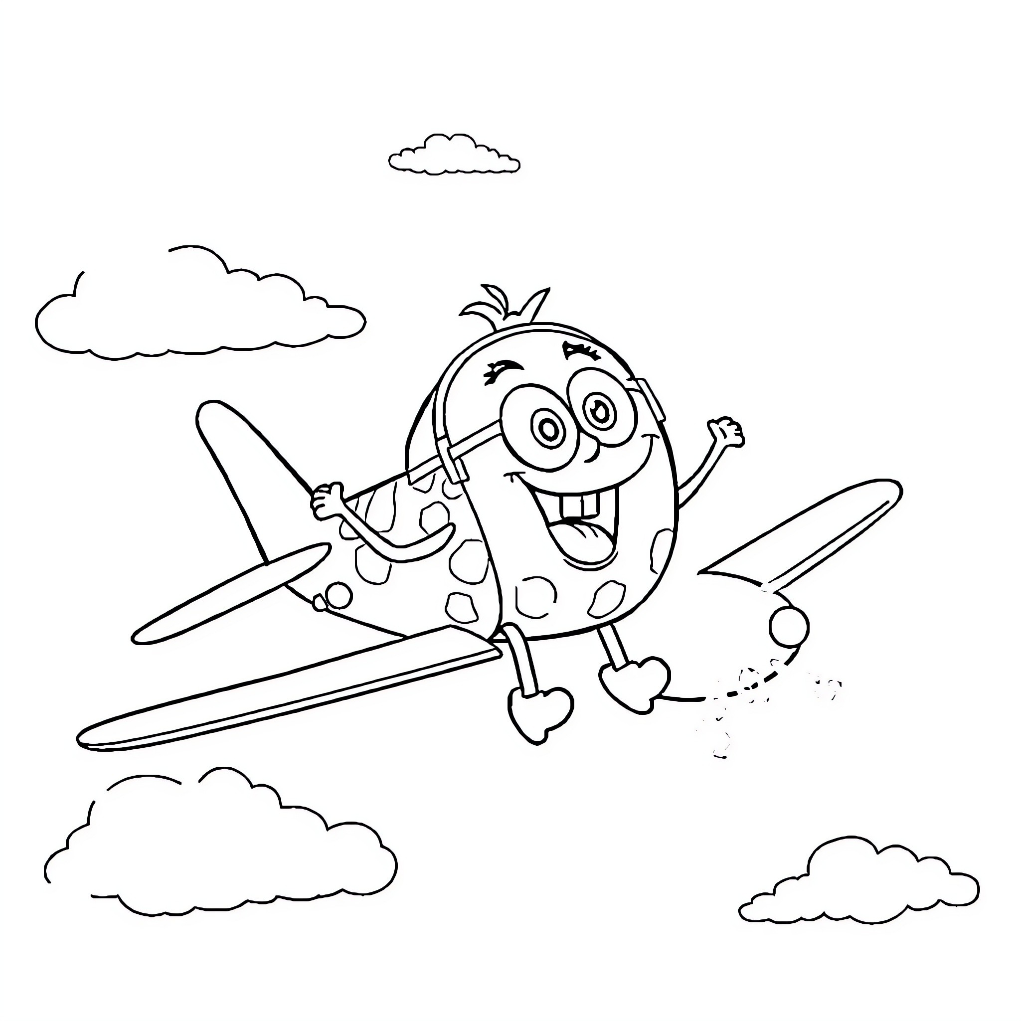 Bob esponja flying happily in an airplane Coloring Page (free black-and-white line drawing printable PDF for all, from beginners to advanced learners, including children, teens, adults, and seniors)