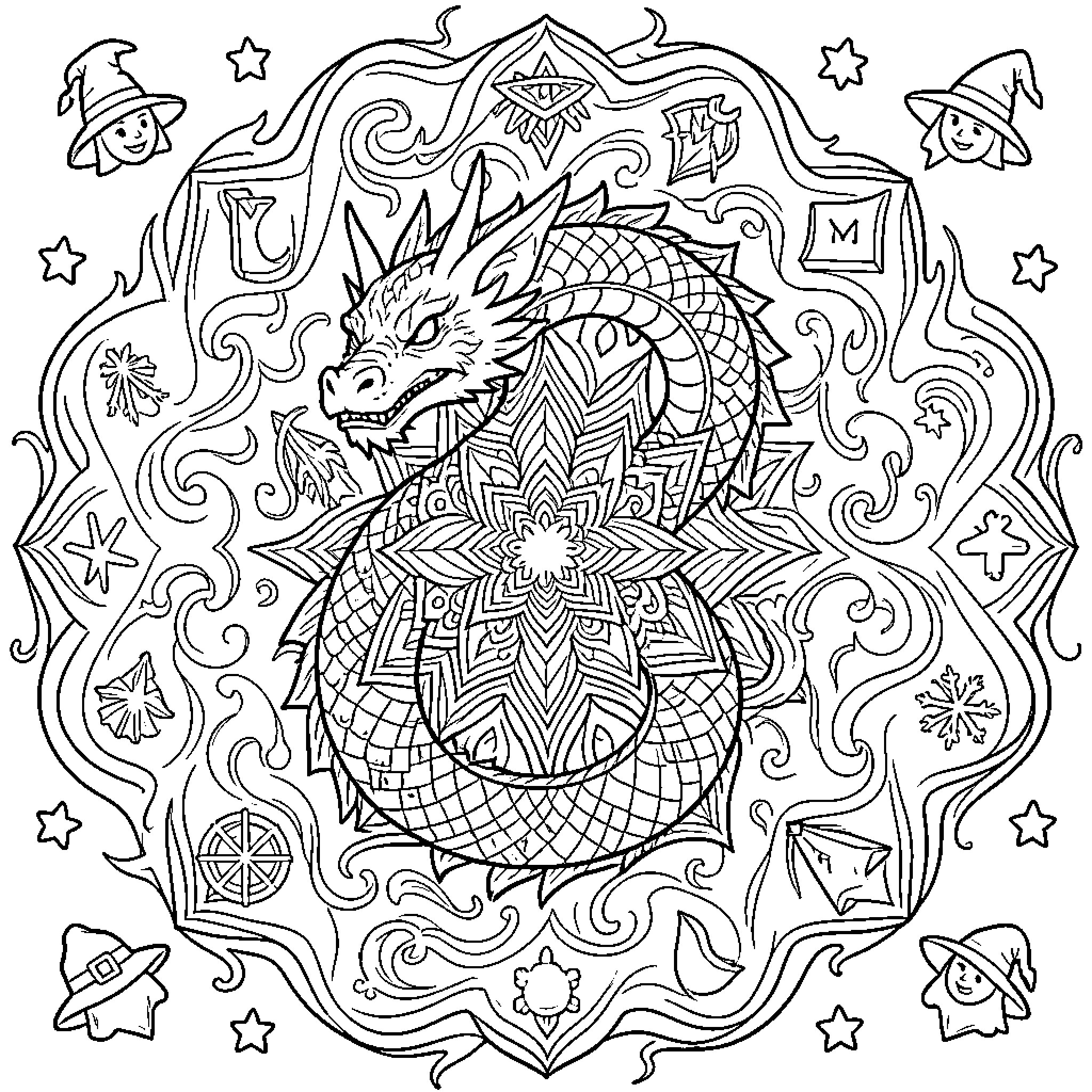 Dragon coiled within intricate mandala patterns and mystical symbols Coloring Page (free black-and-white line drawing printable PDF for all, from beginners to advanced learners, including children, teens, adults, and seniors)