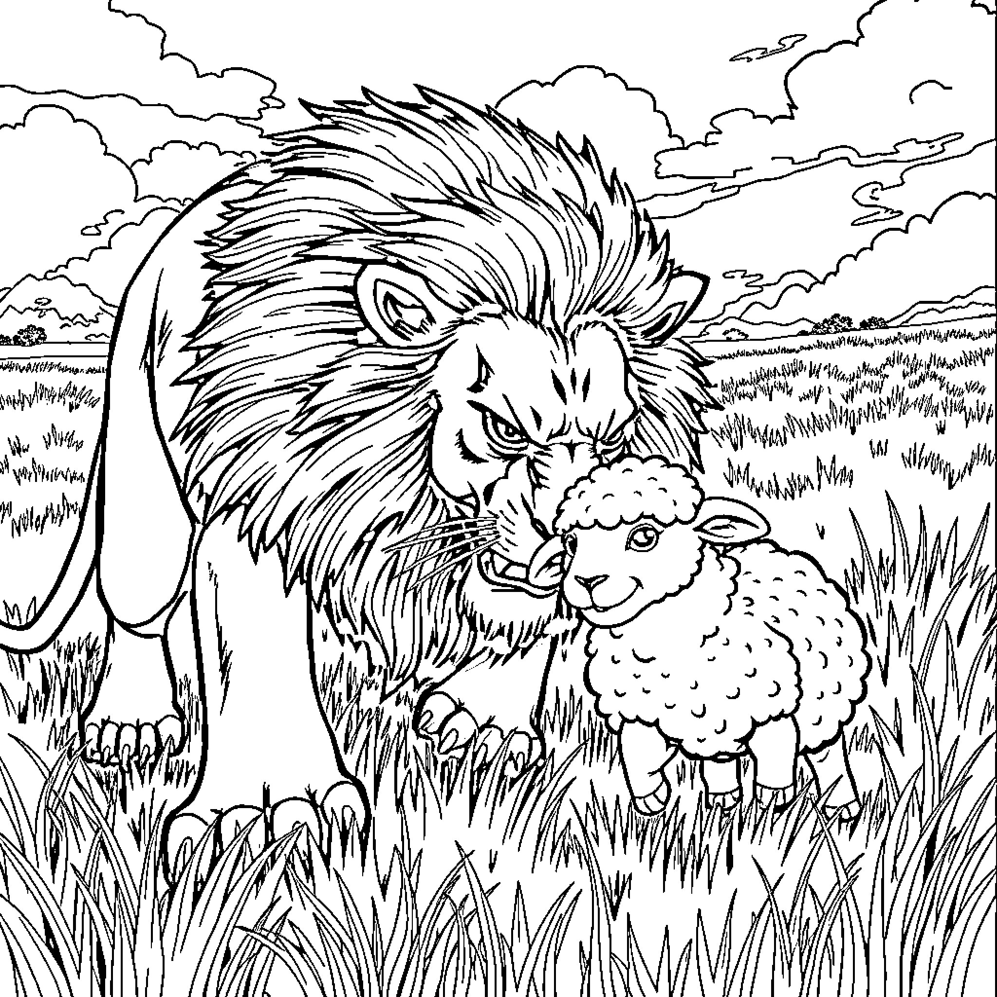 Lion protecting a lamb in a grassy field Coloring Page (free black-and-white line drawing printable PDF for all, from beginners to advanced learners, including children, teens, adults, and seniors)