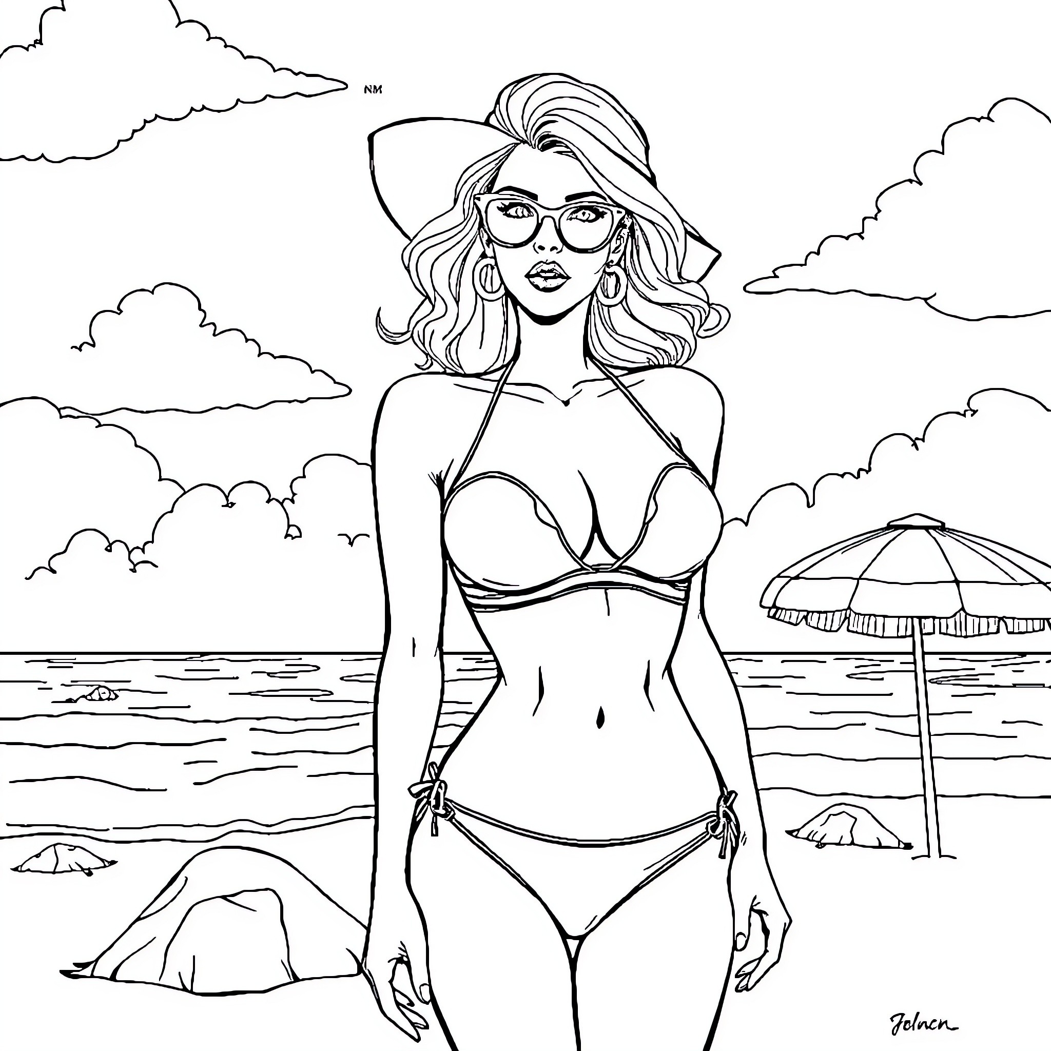 Madame enjoying a day at the beach Coloring Page (free black-and-white line drawing printable PDF for all, from beginners to advanced learners, including children, teens, adults, and seniors)