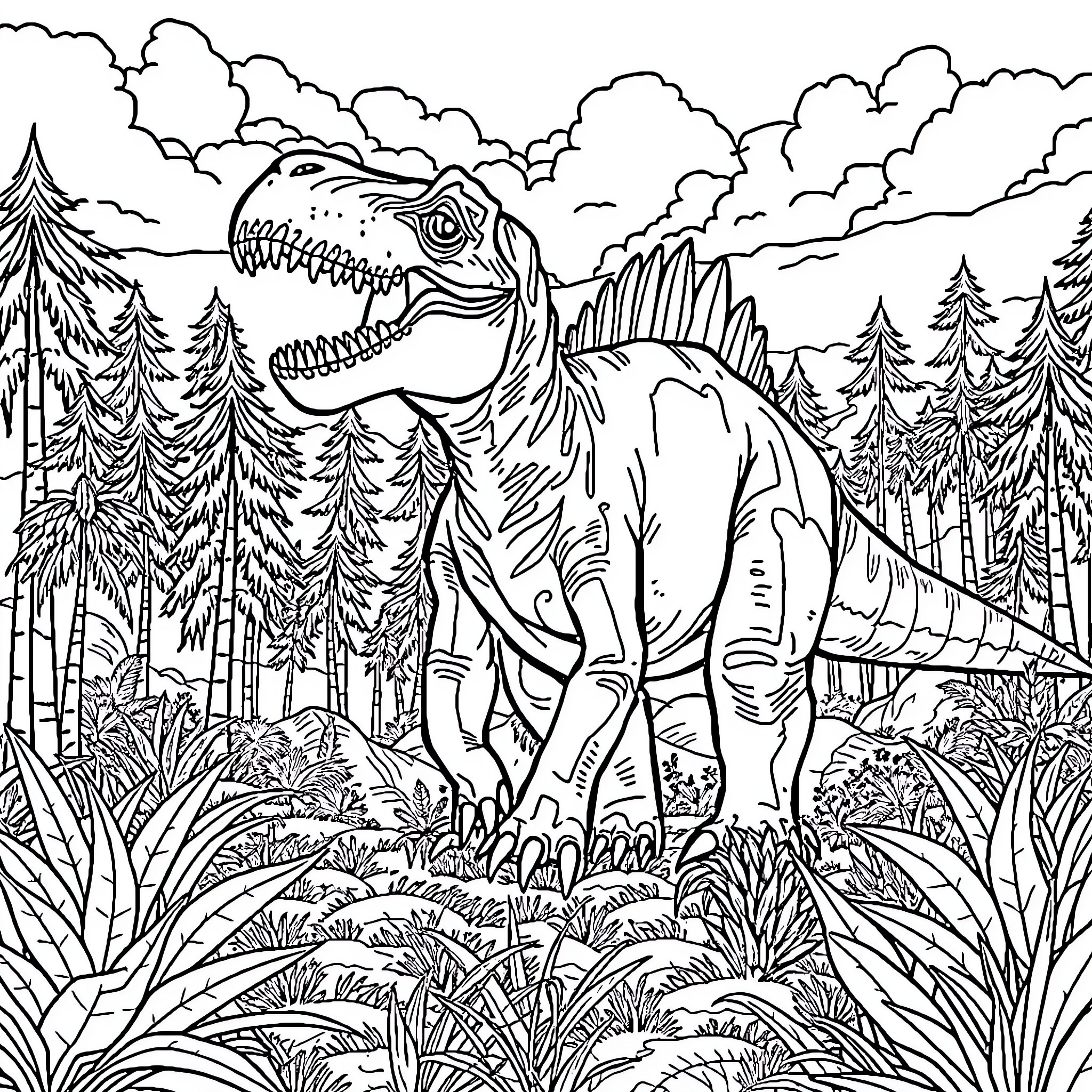 Dinosaur stomping through a forest landscape Coloring Page (free black-and-white line drawing printable PDF for all, from beginners to advanced learners, including children, teens, adults, and seniors)