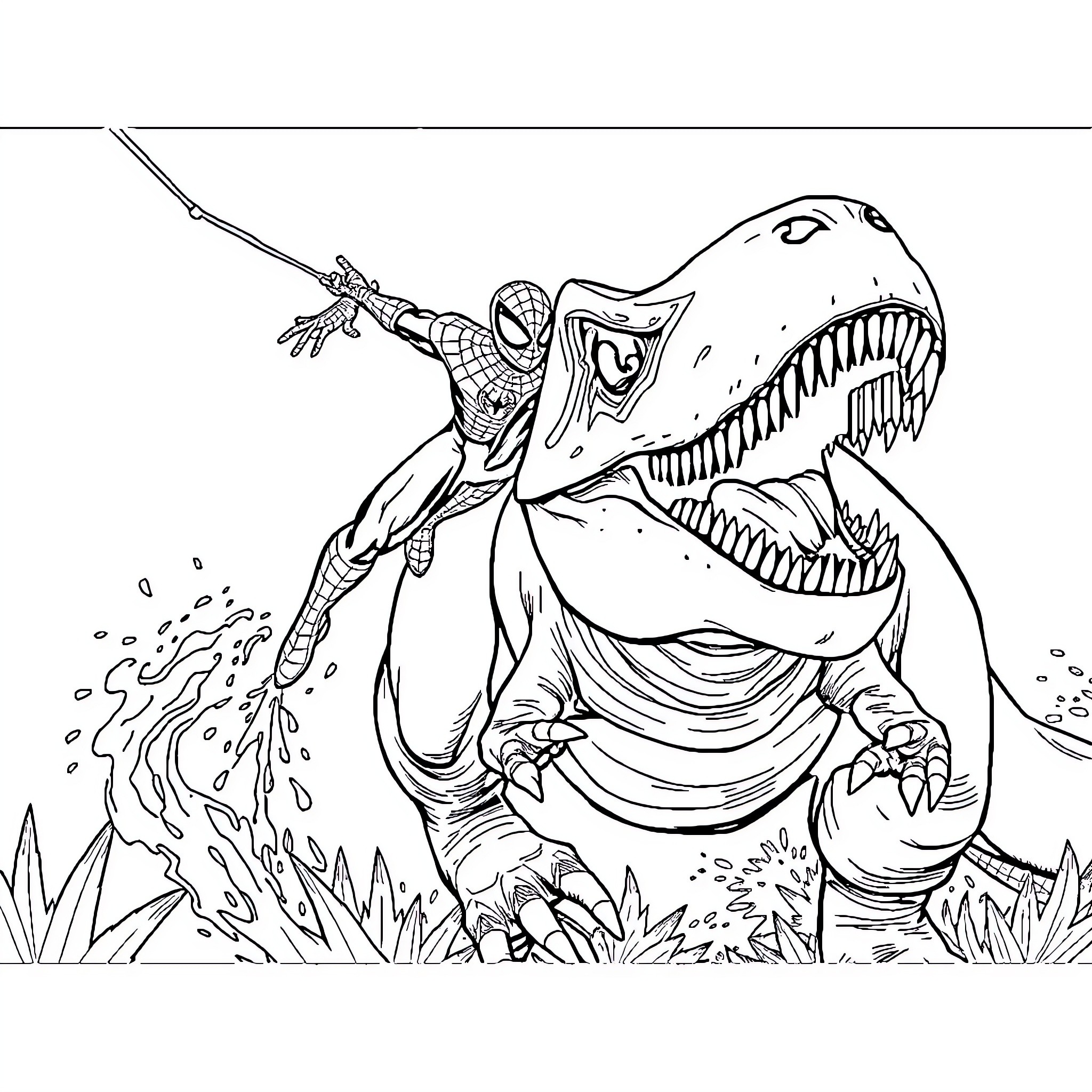 Spiderman battles a ferocious dinosaur in a prehistoric landscape Coloring Page (free black-and-white line drawing printable PDF for all, from beginners to advanced learners, including children, teens, adults, and seniors)