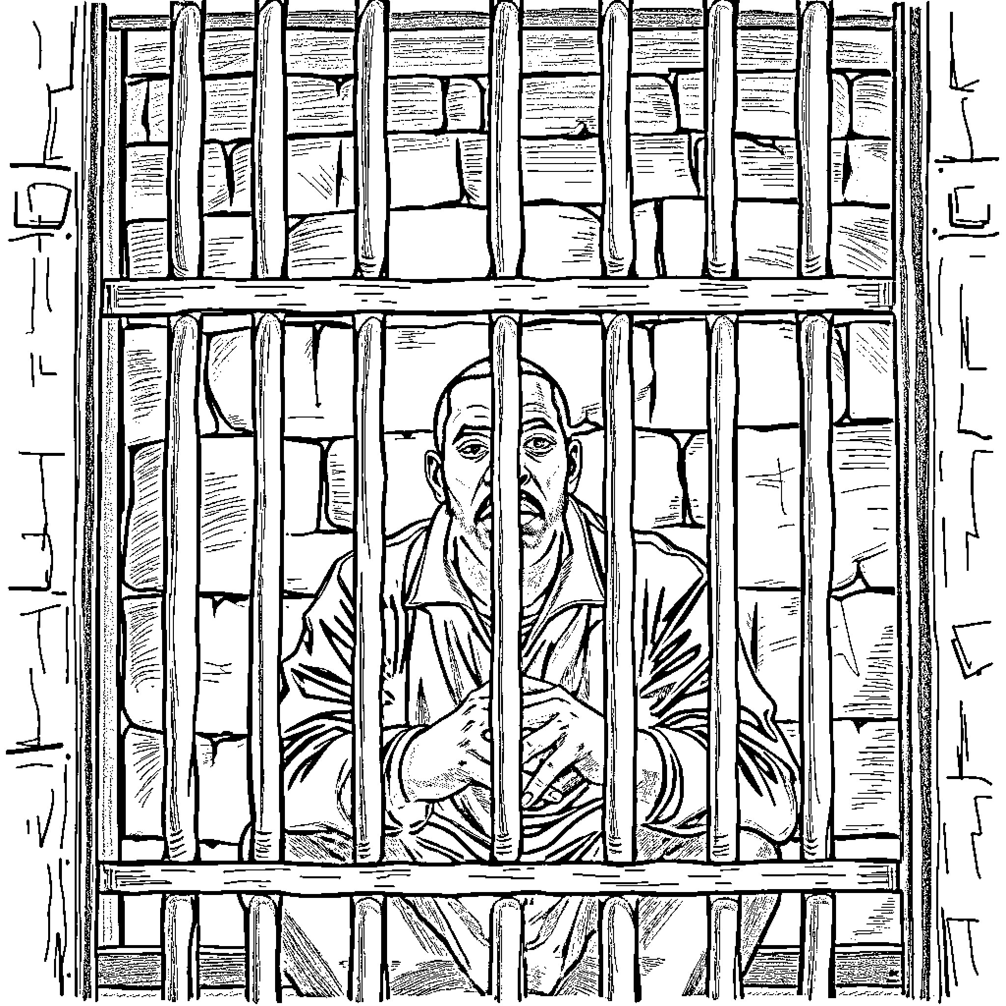 Man behind bars in a prison cell Coloring Page (free black-and-white line drawing printable PDF for all, from beginners to advanced learners, including children, teens, adults, and seniors)