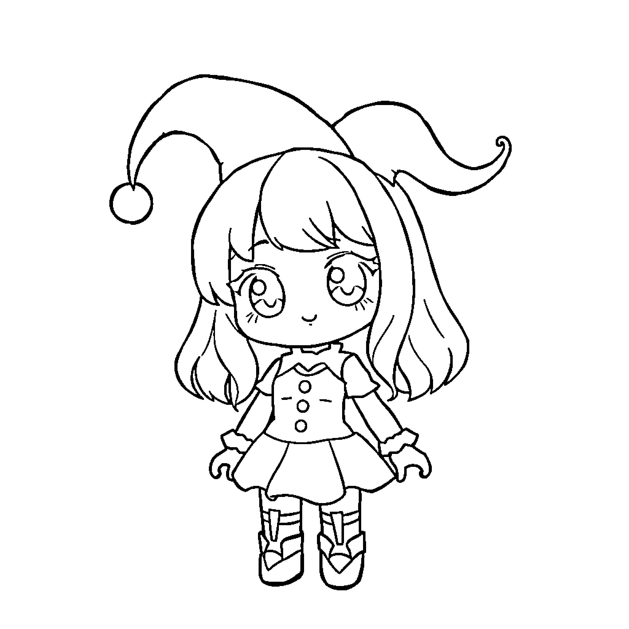 Kuromi in a whimsical outfit striking a pose Coloring Page (free black-and-white line drawing printable PDF for all, from beginners to advanced learners, including children, teens, adults, and seniors)