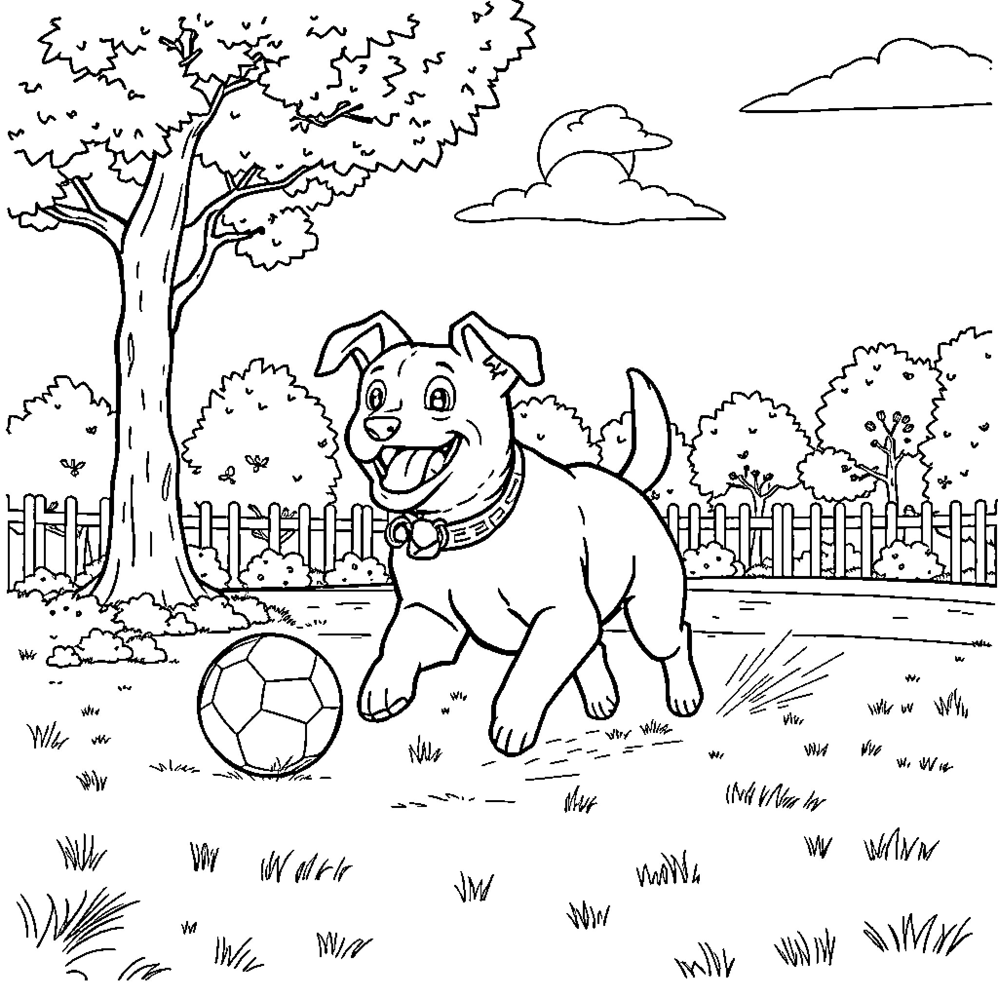 Dog playing happily with a soccer ball in the park Coloring Page (free black-and-white line drawing printable PDF for all, from beginners to advanced learners, including children, teens, adults, and seniors)