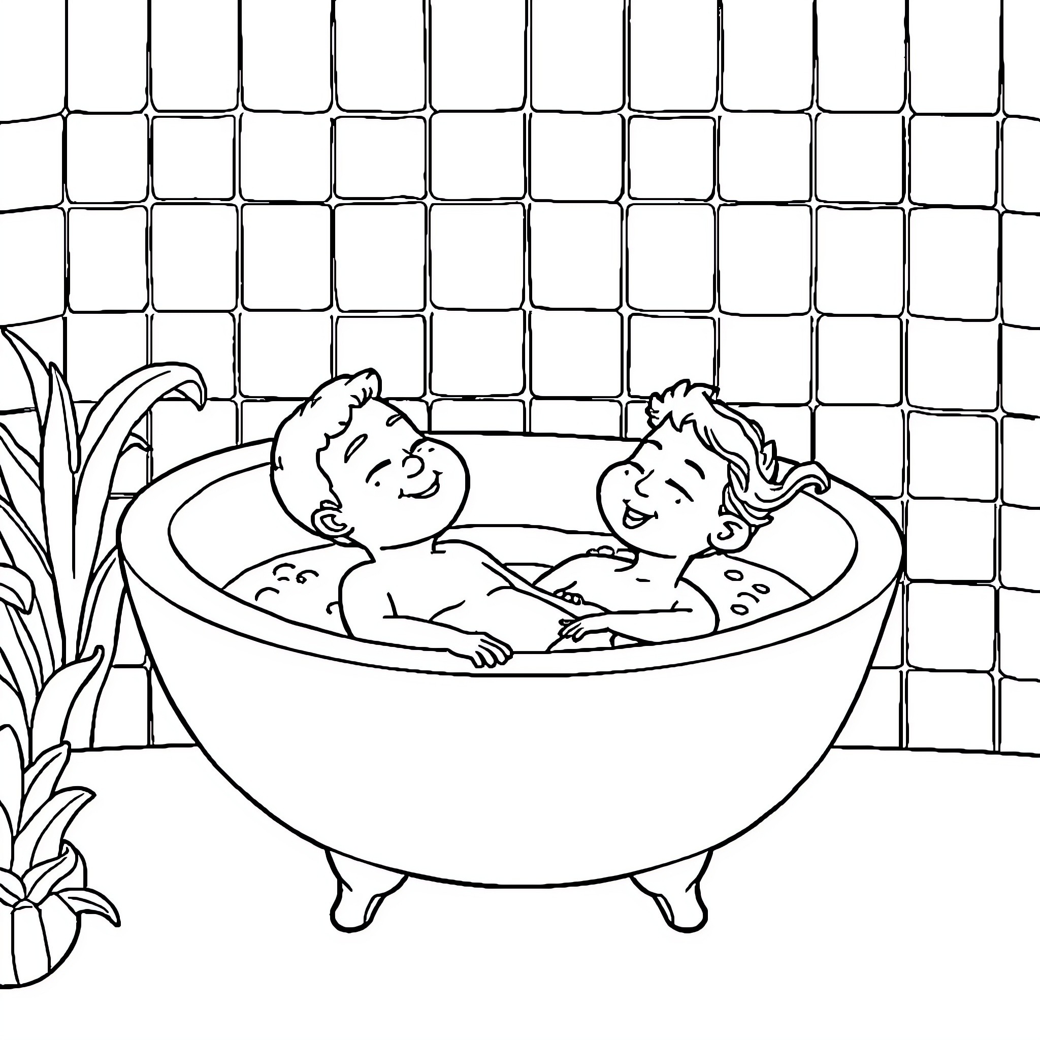 Araga Siblings Relaxing in Bathtub Coloring Page (free black-and-white line drawing printable PDF for all, from beginners to advanced learners, including children, teens, adults, and seniors)