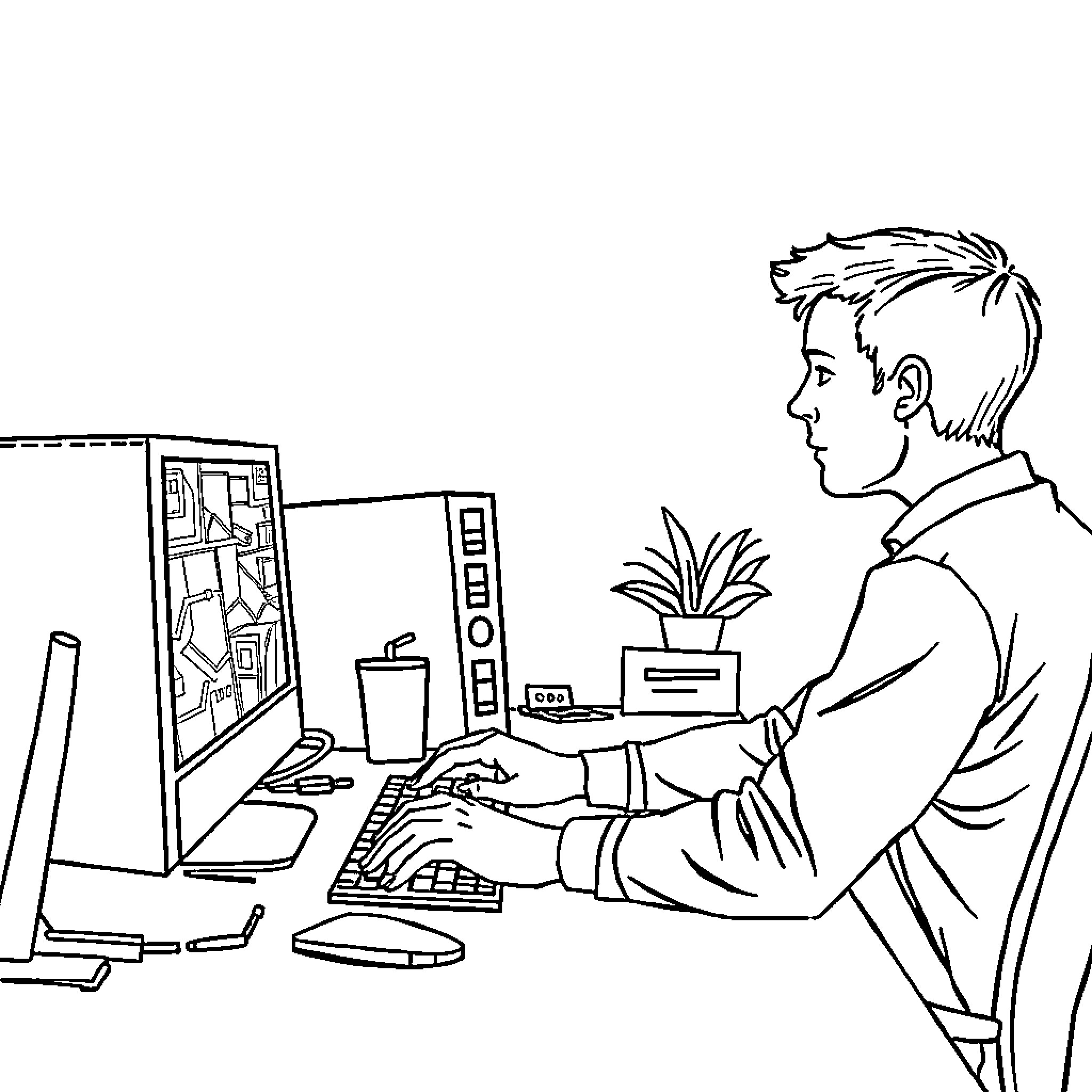 PC User Working Diligently at Computer Coloring Page (free black-and-white line drawing printable PDF for all, from beginners to advanced learners, including children, teens, adults, and seniors)
