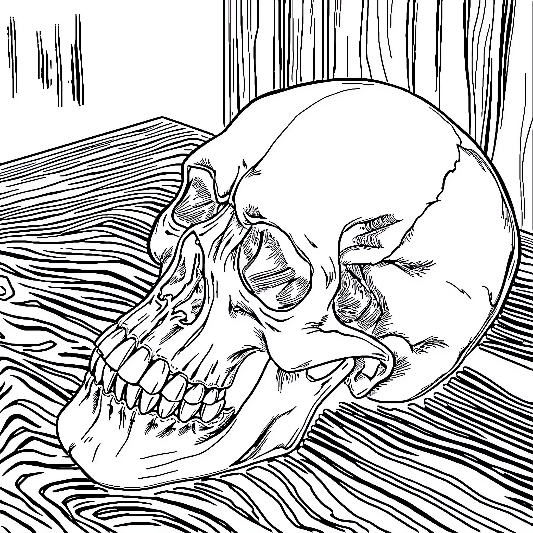 Skull Resting on Wooden Planks Coloring Page (free black-and-white line drawing printable PDF for all, from beginners to advanced learners, including children, teens, adults, and seniors)
