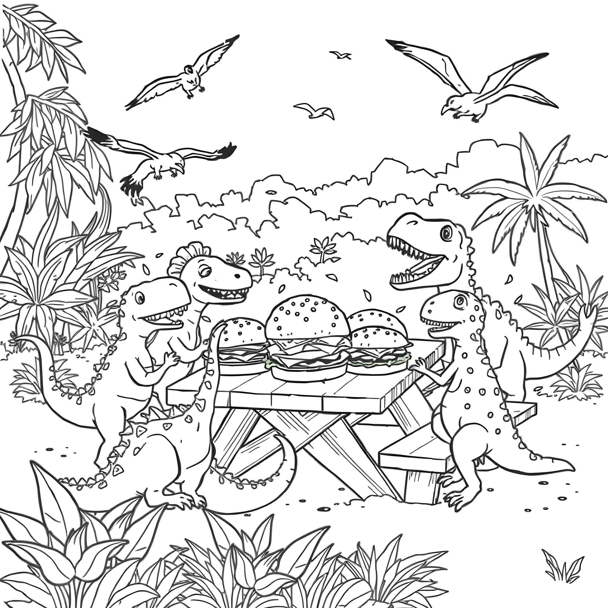 Dinosaur Picnic in the Prehistoric Jungle Coloring Page (free black-and-white line drawing printable PDF for all, from beginners to advanced learners, including children, teens, adults, and seniors)