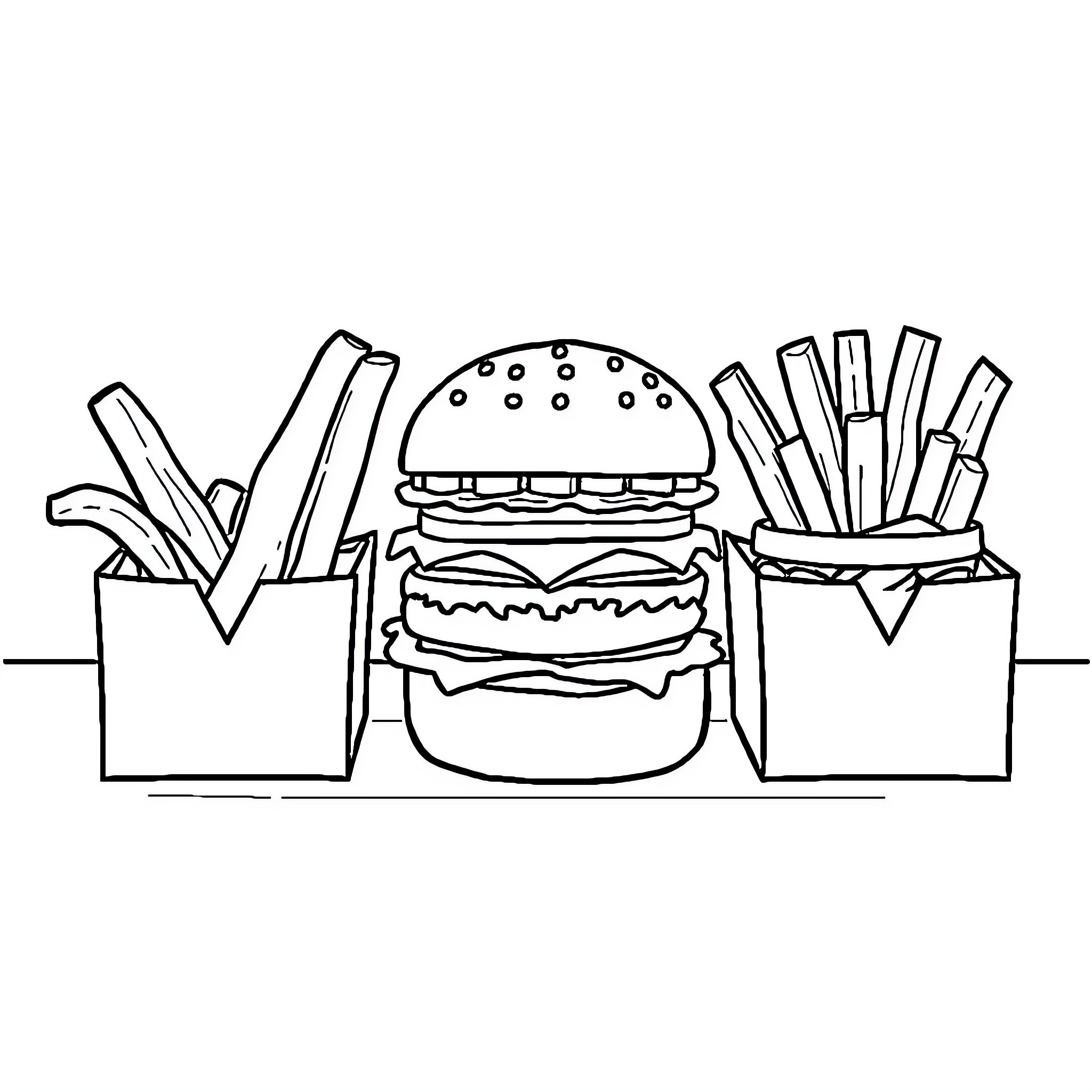 Burger and fast food items on display Coloring Page (free black-and-white line drawing printable PDF for all, from beginners to advanced learners, including children, teens, adults, and seniors)