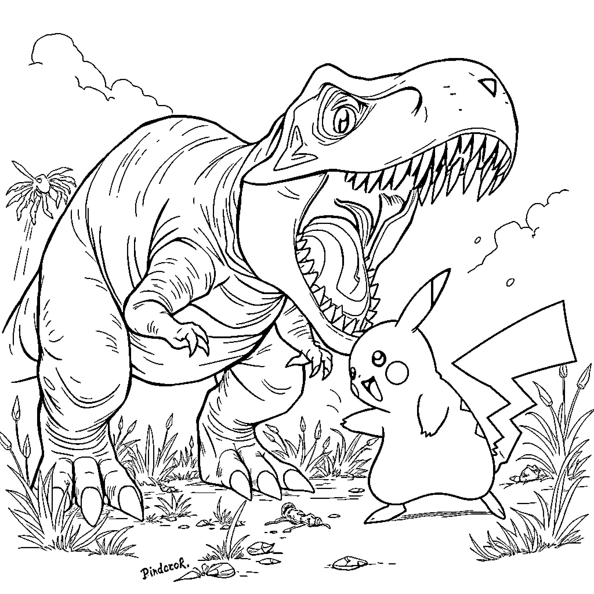 Pikachu facing off against a fierce dinosaur Coloring Page (free black-and-white line drawing printable PDF for all, from beginners to advanced learners, including children, teens, adults, and seniors)