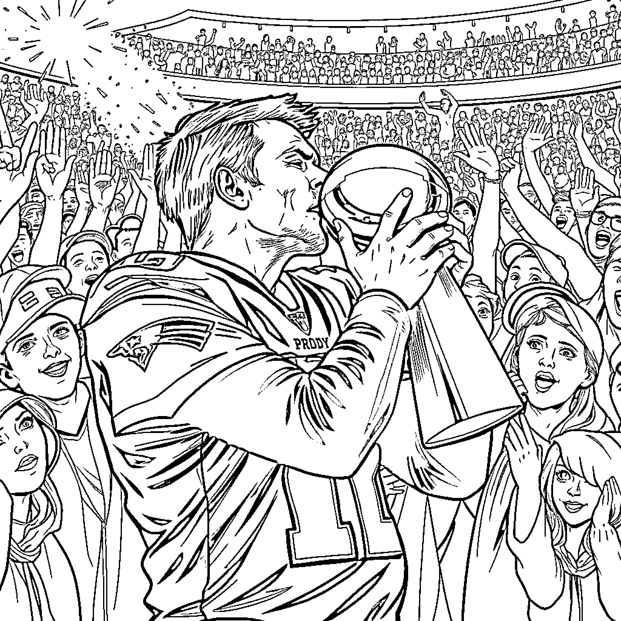 Tom Brady Celebrating Victory with Enthusiastic Fans in Stadium Coloring Page (free black-and-white line drawing printable PDF for all, from beginners to advanced learners, including children, teens, adults, and seniors)