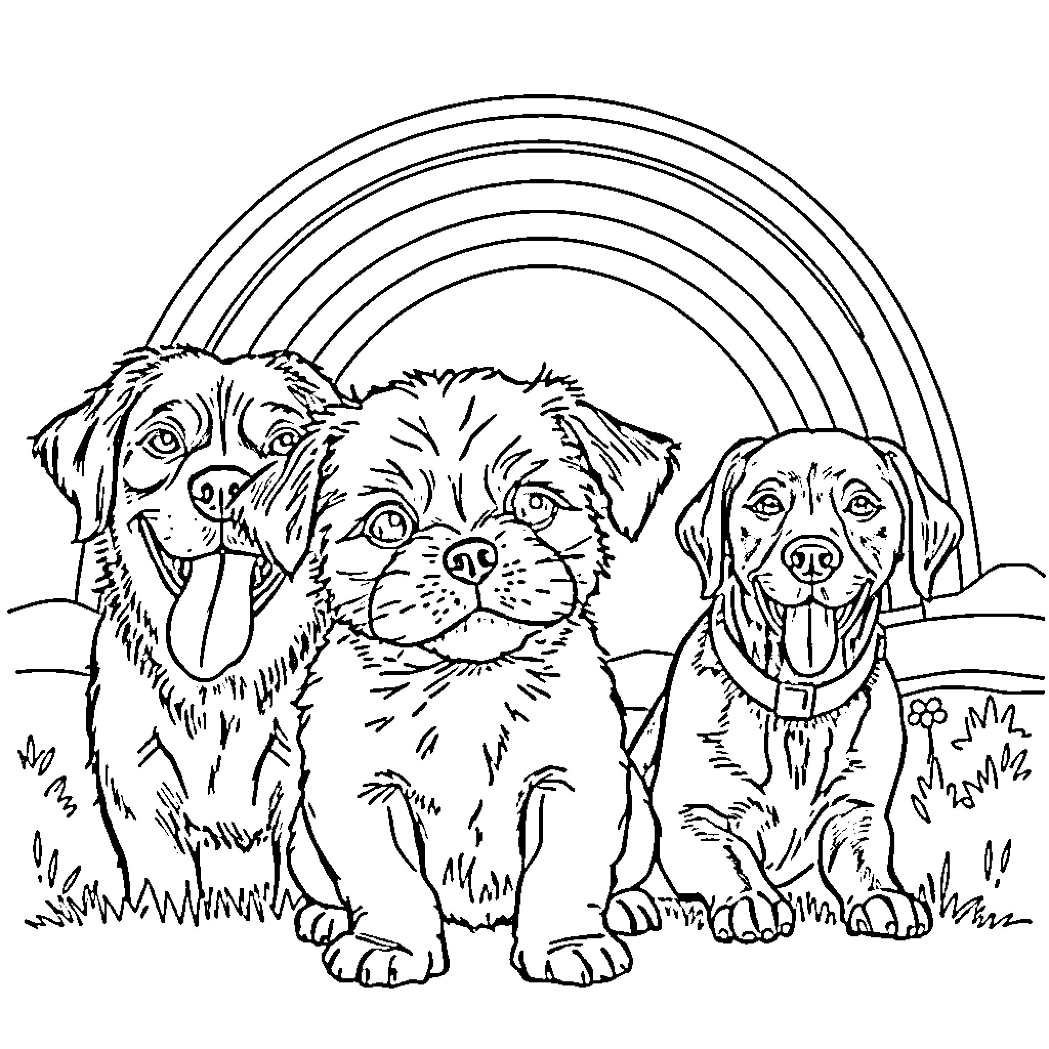 Shih Tzu pups playing in the meadow Coloring Page (free black-and-white line drawing printable PDF for all, from beginners to advanced learners, including children, teens, adults, and seniors)