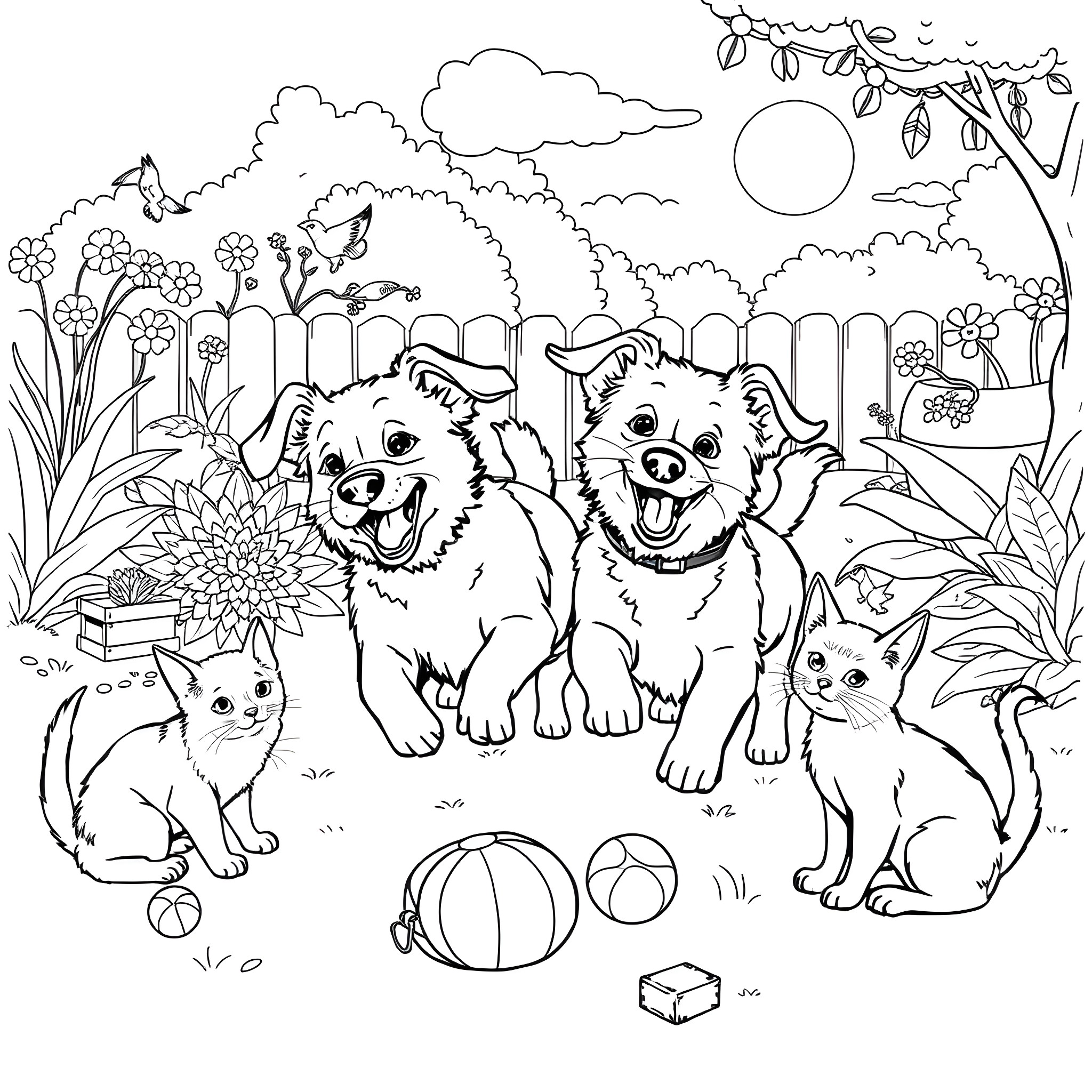 Dog and Cat Playing Together in a Colorful Garden Coloring Page (free black-and-white line drawing printable PDF for all, from beginners to advanced learners, including children, teens, adults, and seniors)