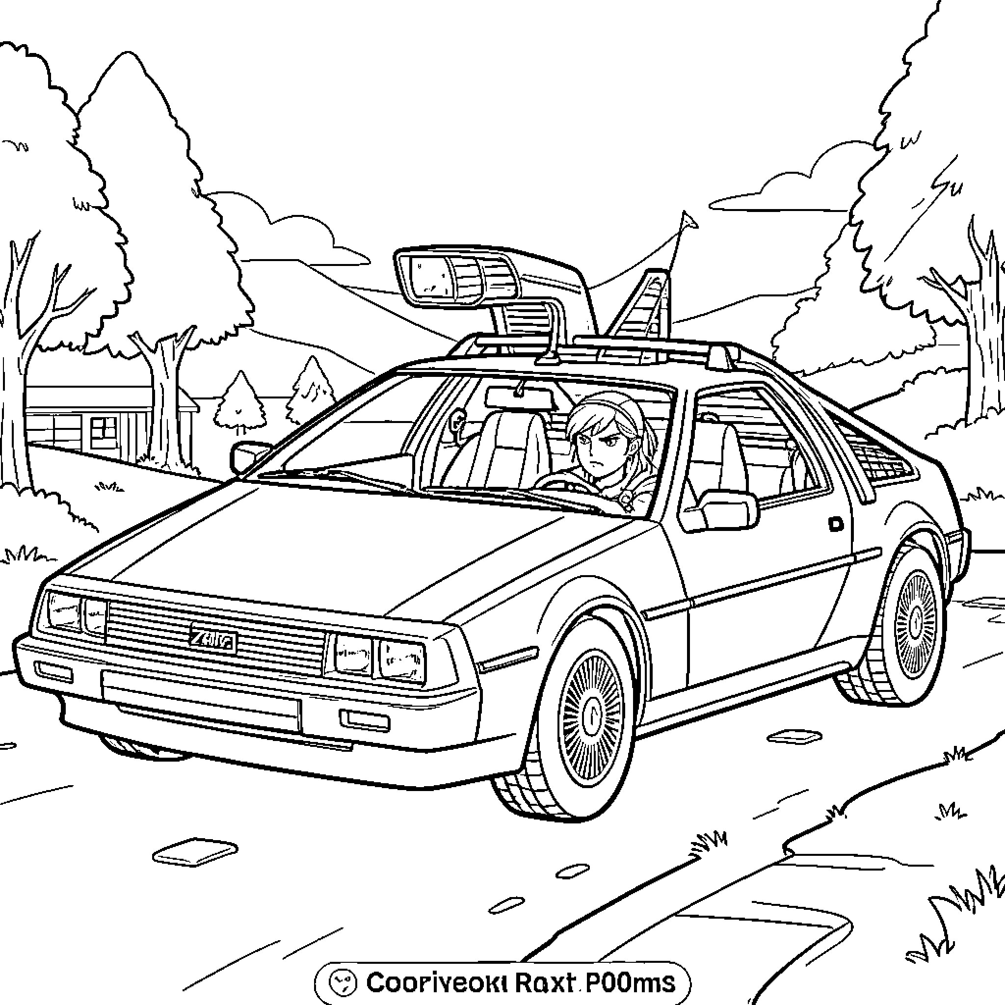 Link driving a futuristic sports car through hills Coloring Page (free black-and-white line drawing printable PDF for all, from beginners to advanced learners, including children, teens, adults, and seniors)