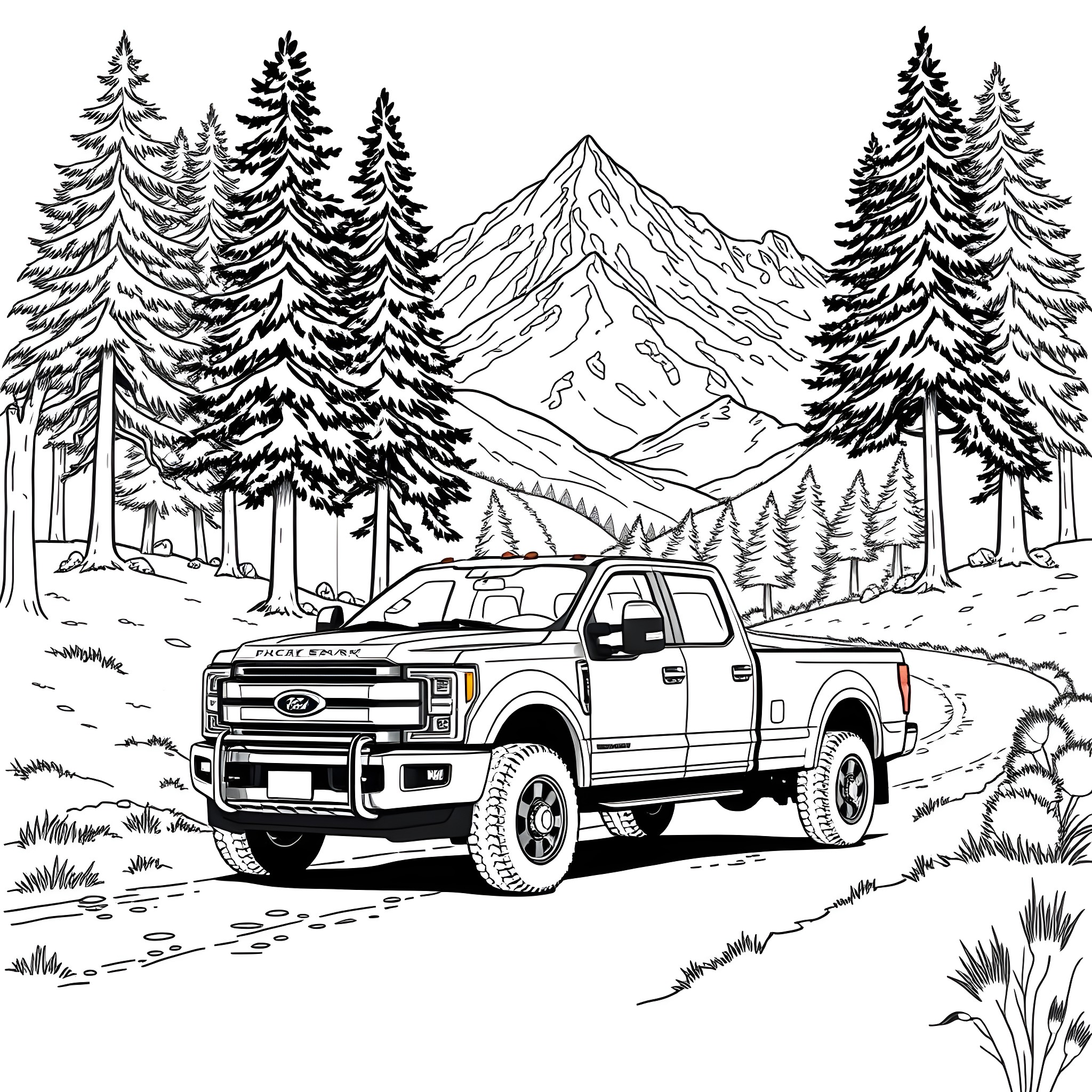 Pick Up Truck Driving Through Snowy Mountain Landscape Coloring Page (free black-and-white line drawing printable PDF for all, from beginners to advanced learners, including children, teens, adults, and seniors)