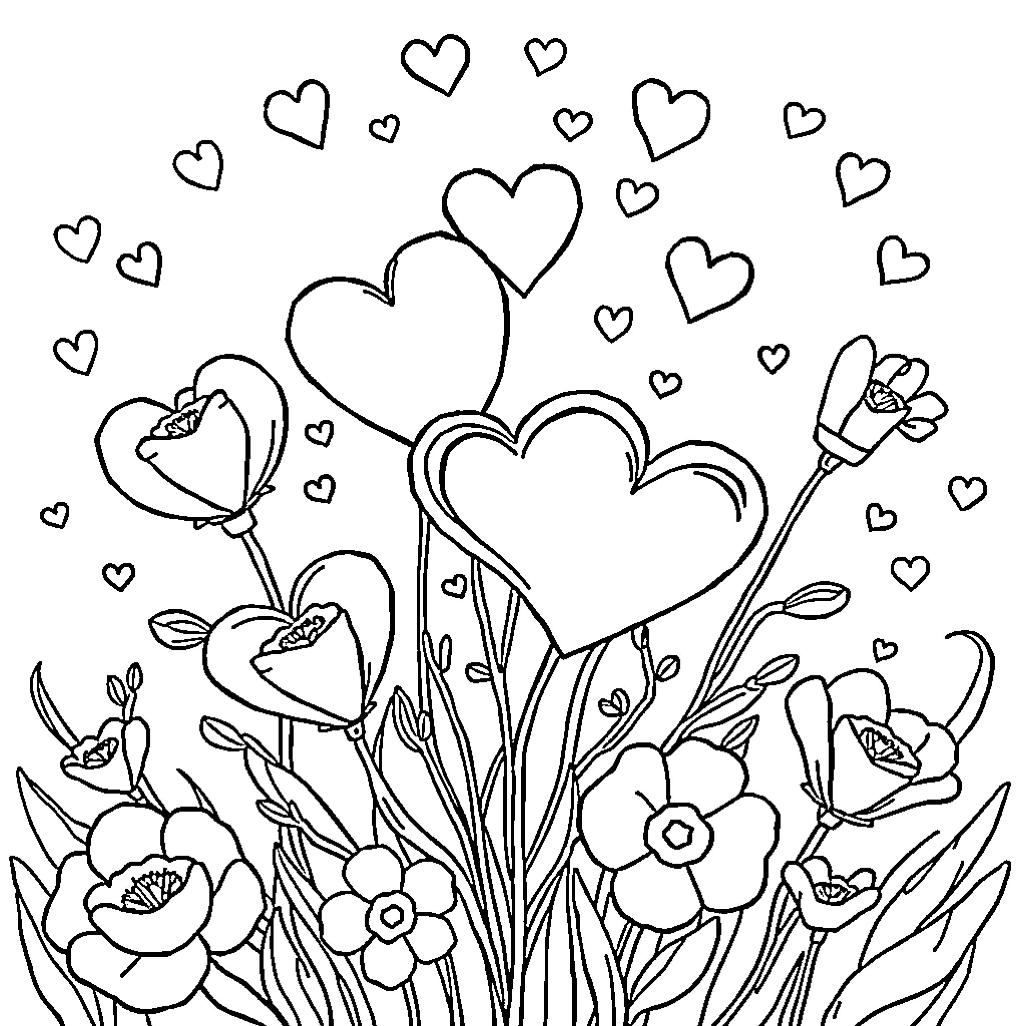 Valentine's Flowers and Heart Decorations Coloring Page (free black-and-white line drawing printable PDF for all, from beginners to advanced learners, including children, teens, adults, and seniors)