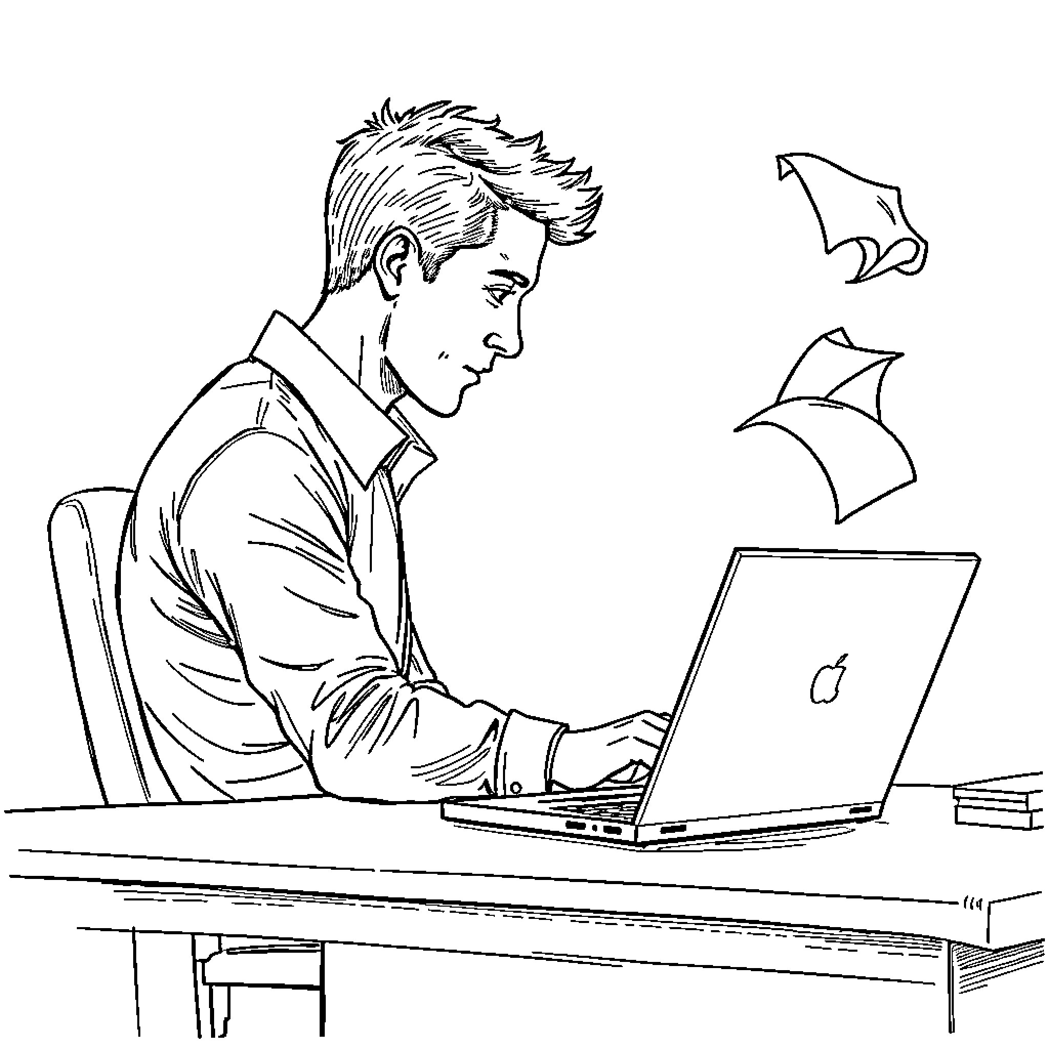 Man working diligently on laptop at desk Coloring Page (free black-and-white line drawing printable PDF for all, from beginners to advanced learners, including children, teens, adults, and seniors)
