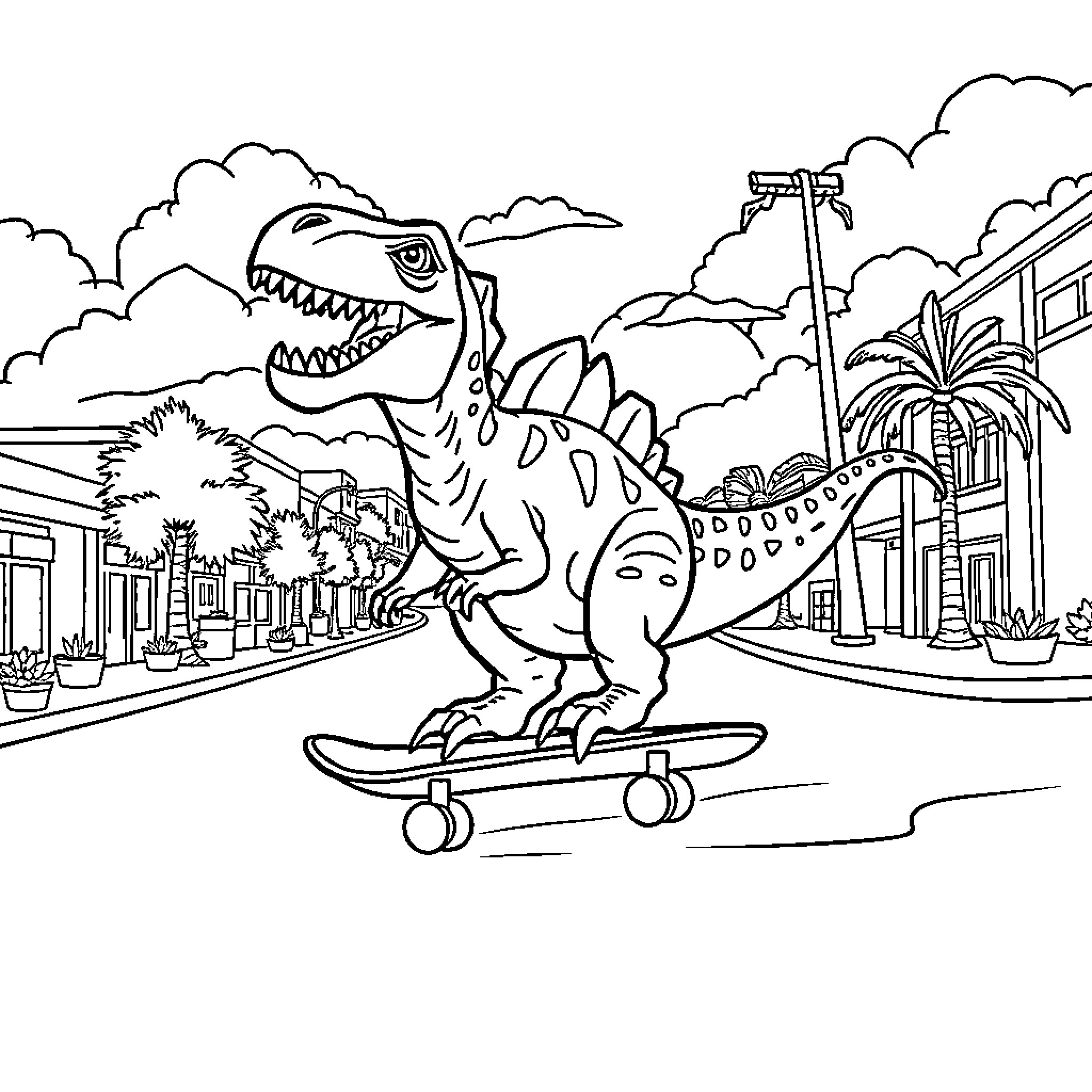 Dinosaur riding skateboard through city landscape Coloring Page (free black-and-white line drawing printable PDF for all, from beginners to advanced learners, including children, teens, adults, and seniors)