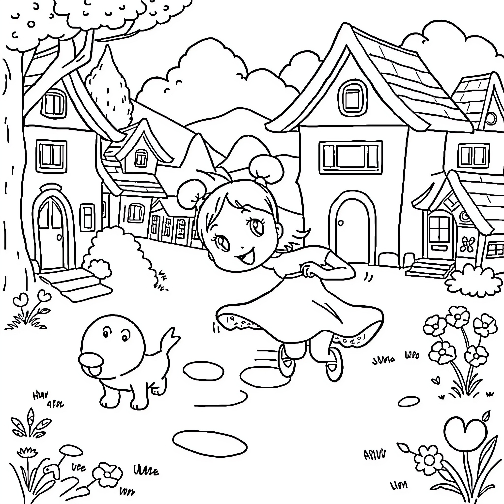 Pucca Enjoying a Cheerful Outdoor Adventure Coloring Page (free black-and-white line drawing printable PDF for all, from beginners to advanced learners, including children, teens, adults, and seniors)