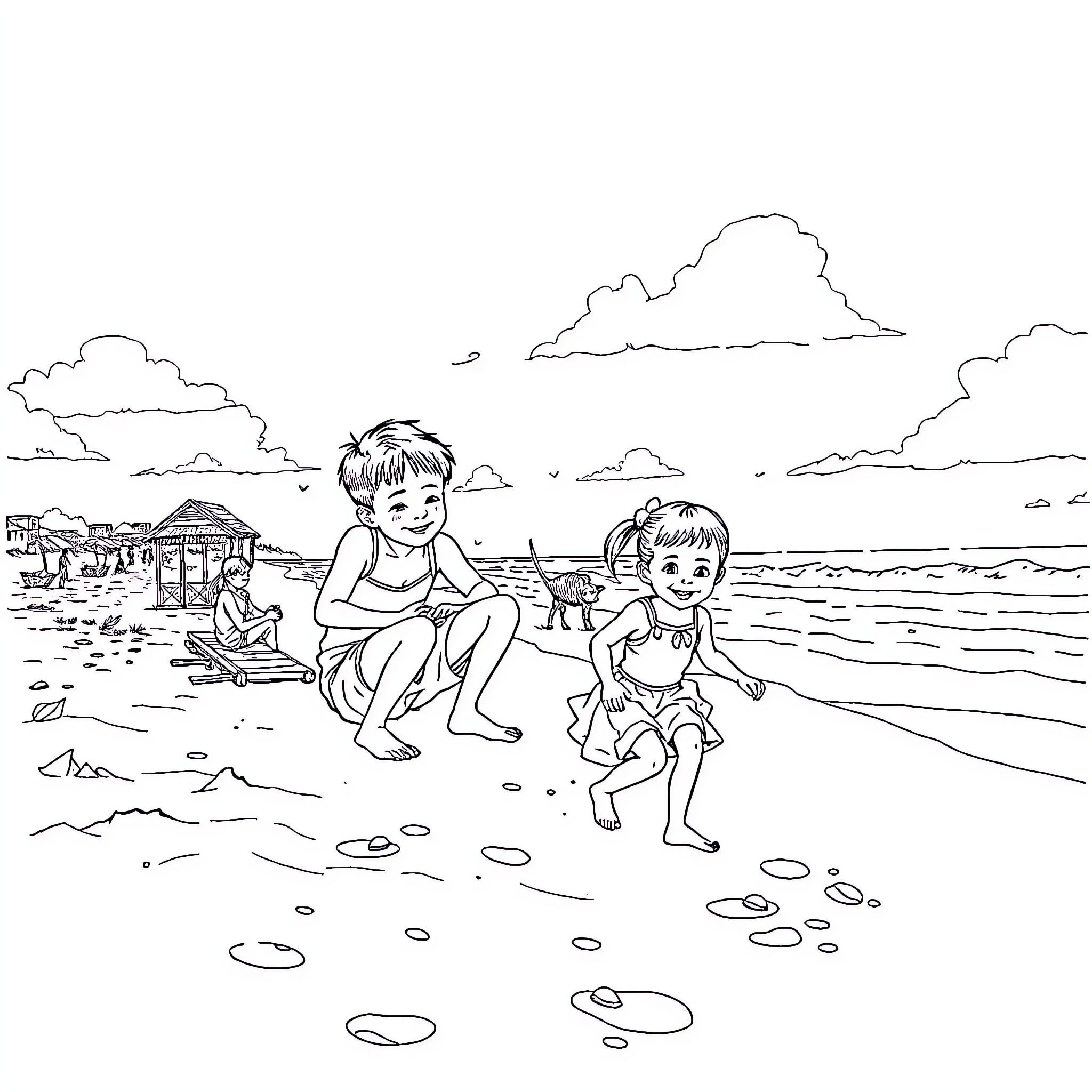 Children playing happily on the beach Coloring Page (free black-and-white line drawing printable PDF for all, from beginners to advanced learners, including children, teens, adults, and seniors)