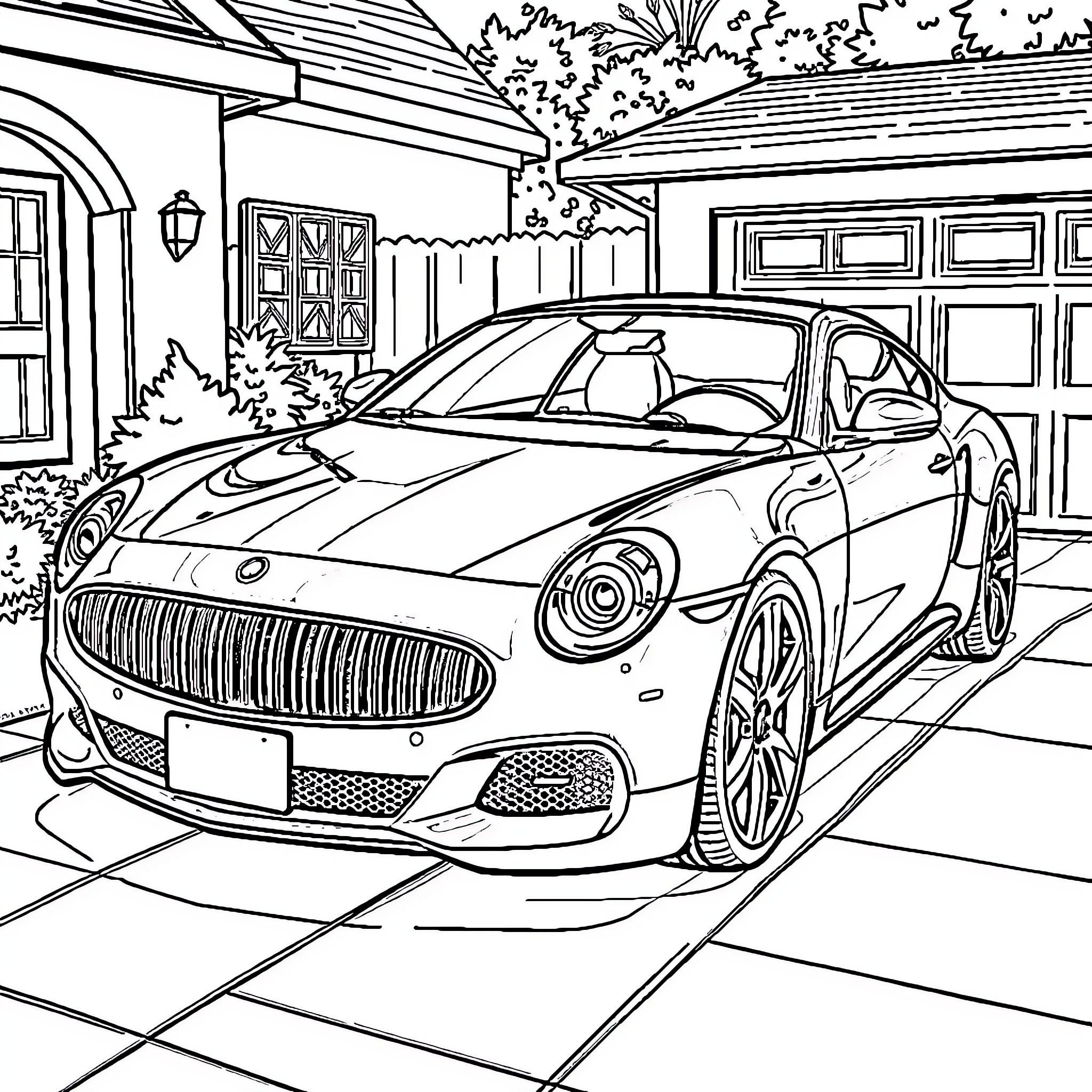 Car parked in a garage with scenic background Coloring Page (free black-and-white line drawing printable PDF for all, from beginners to advanced learners, including children, teens, adults, and seniors)