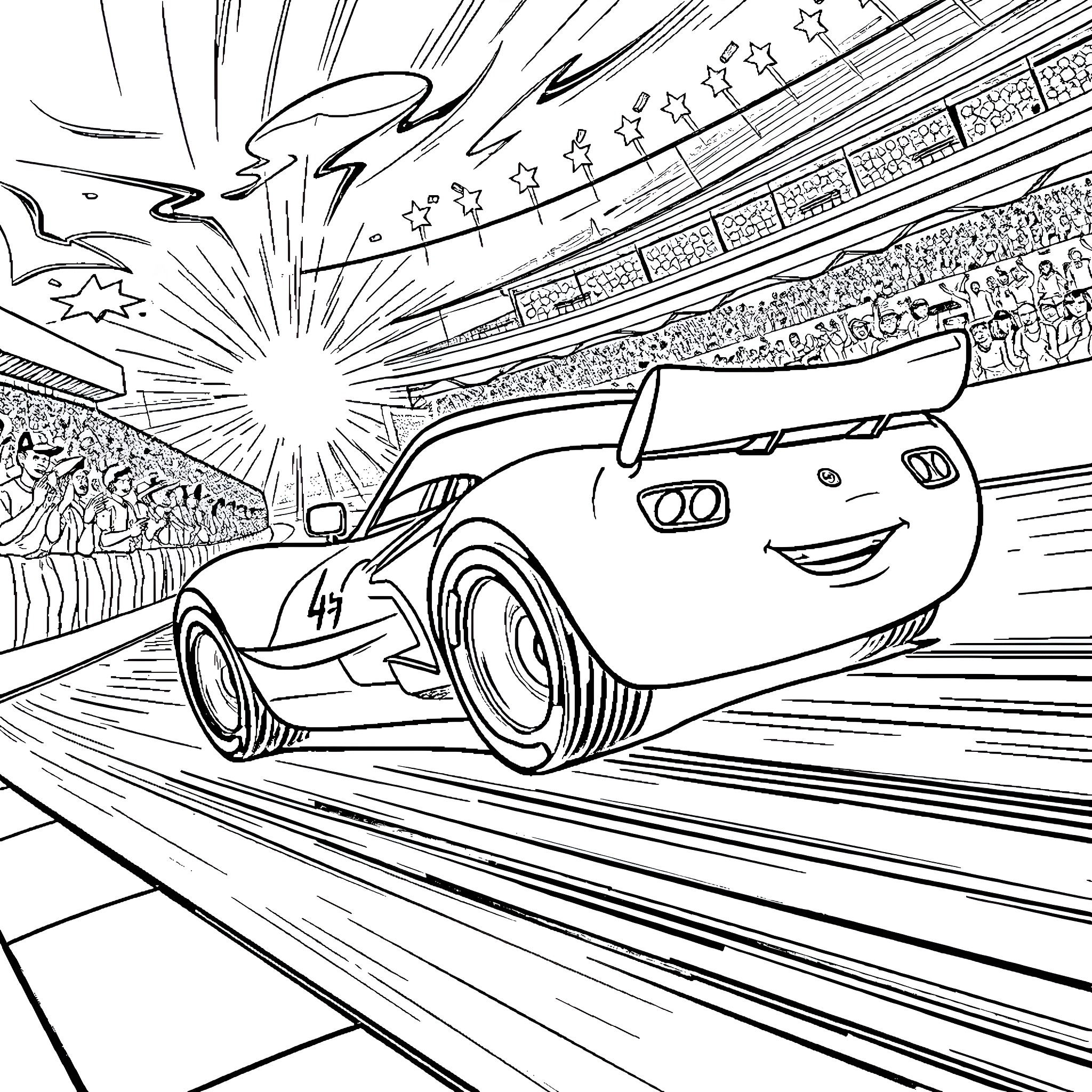 Lightning McQueen speeding on the racetrack with excitement Coloring Page (free black-and-white line drawing printable PDF for all, from beginners to advanced learners, including children, teens, adults, and seniors)