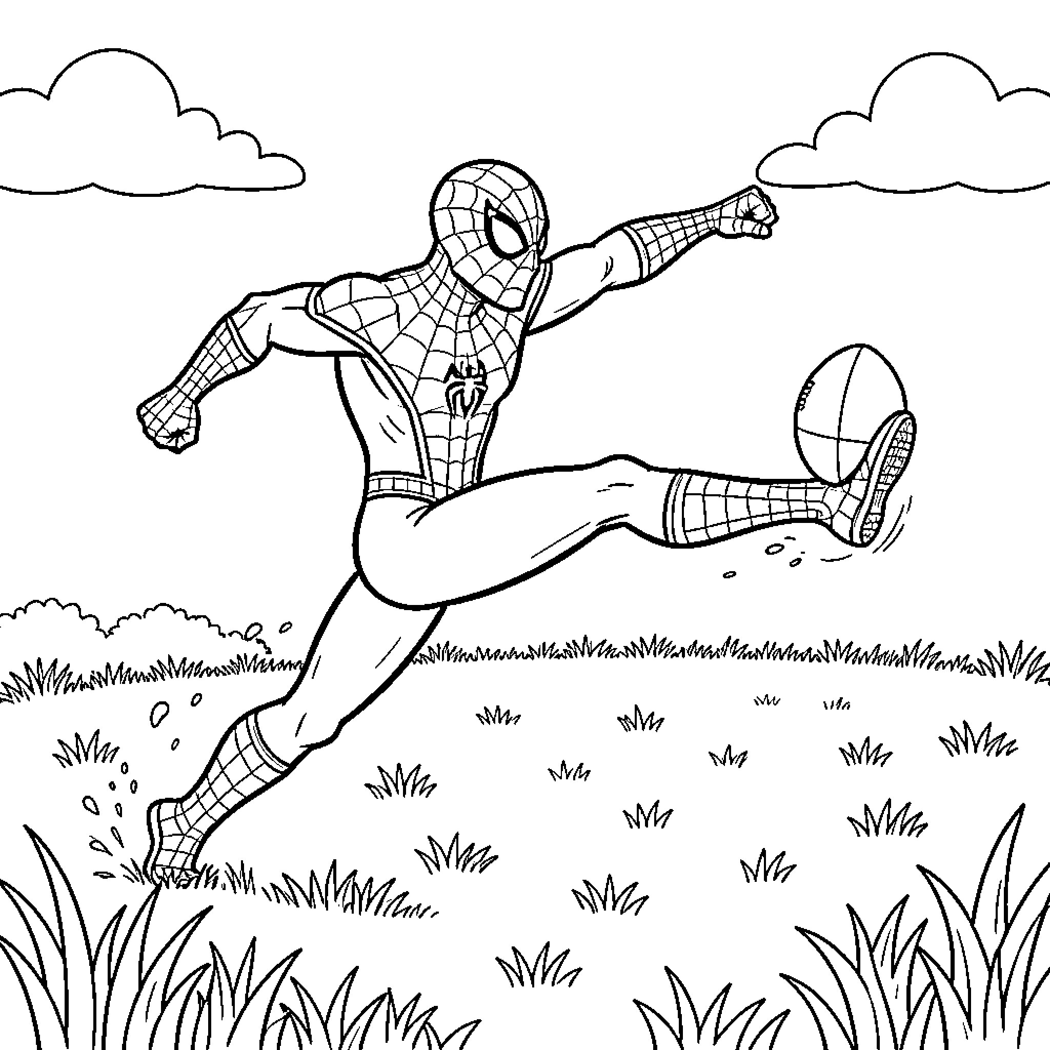 Spiderman kicking a football in a field Coloring Page (free black-and-white line drawing printable PDF for all, from beginners to advanced learners, including children, teens, adults, and seniors)