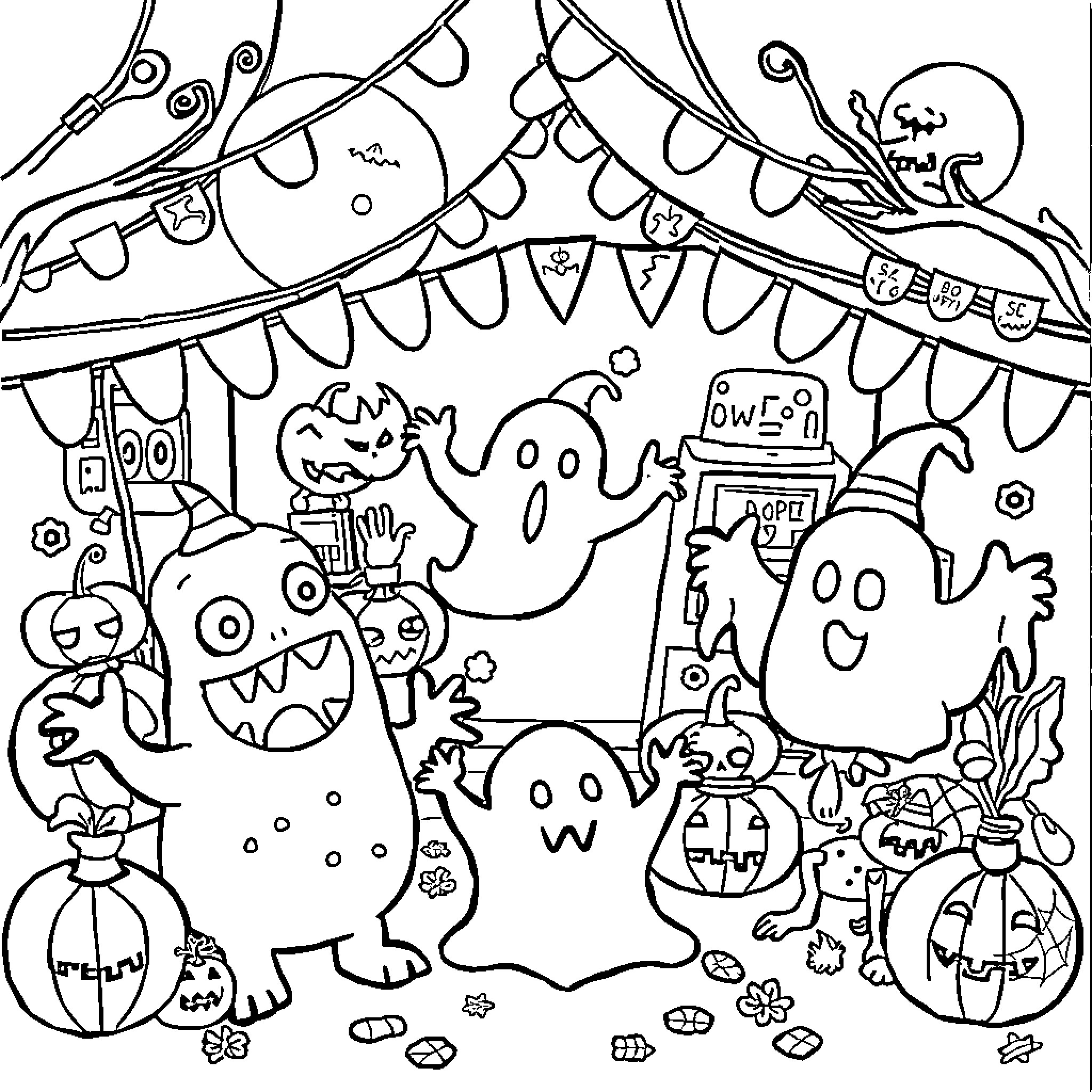 Monster Carnival of Spooky and Playful Characters Coloring Page (free black-and-white line drawing printable PDF for all, from beginners to advanced learners, including children, teens, adults, and seniors)