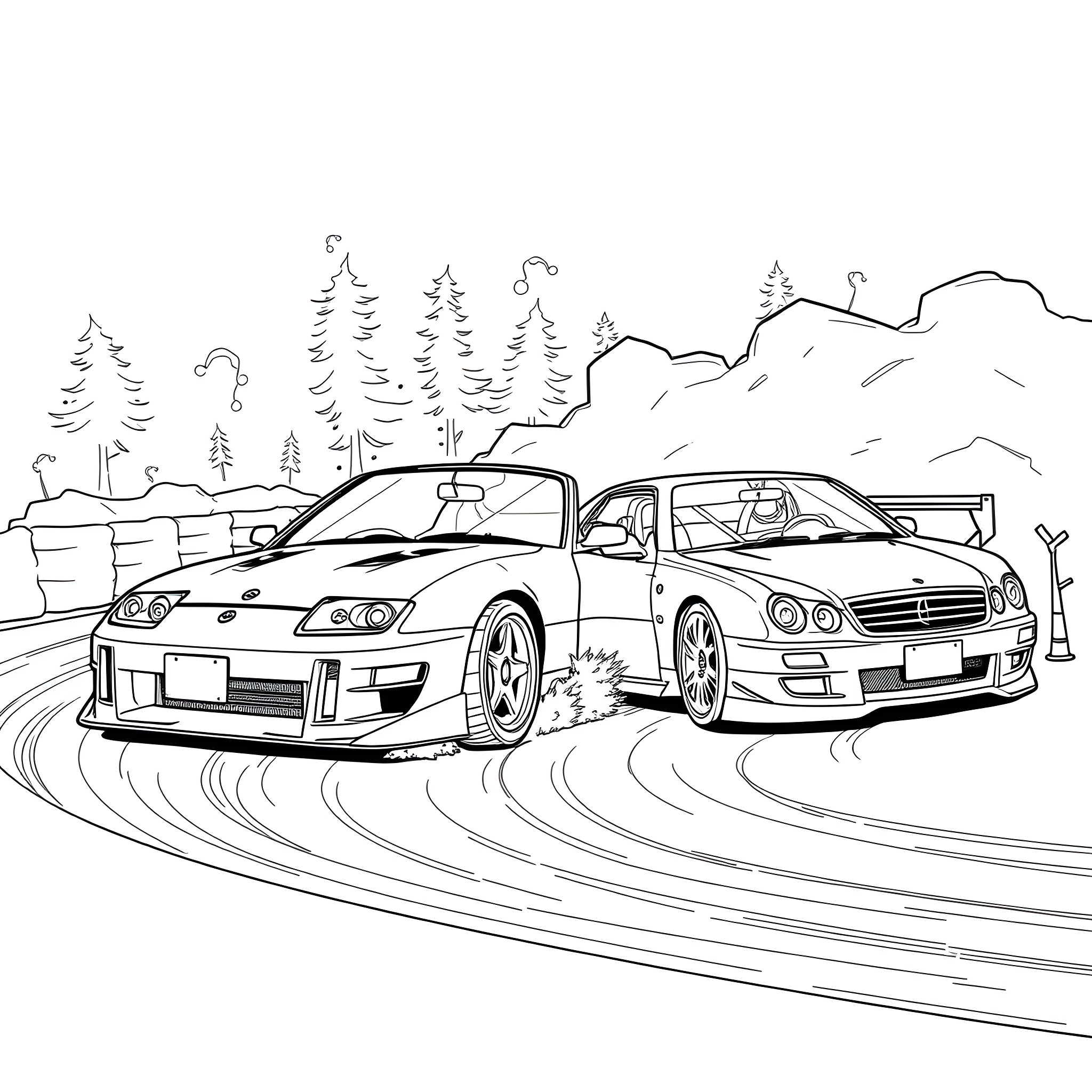 Drifting high-performance sports cars on a winding mountain road Coloring Page (free black-and-white line drawing printable PDF for all, from beginners to advanced learners, including children, teens, adults, and seniors)