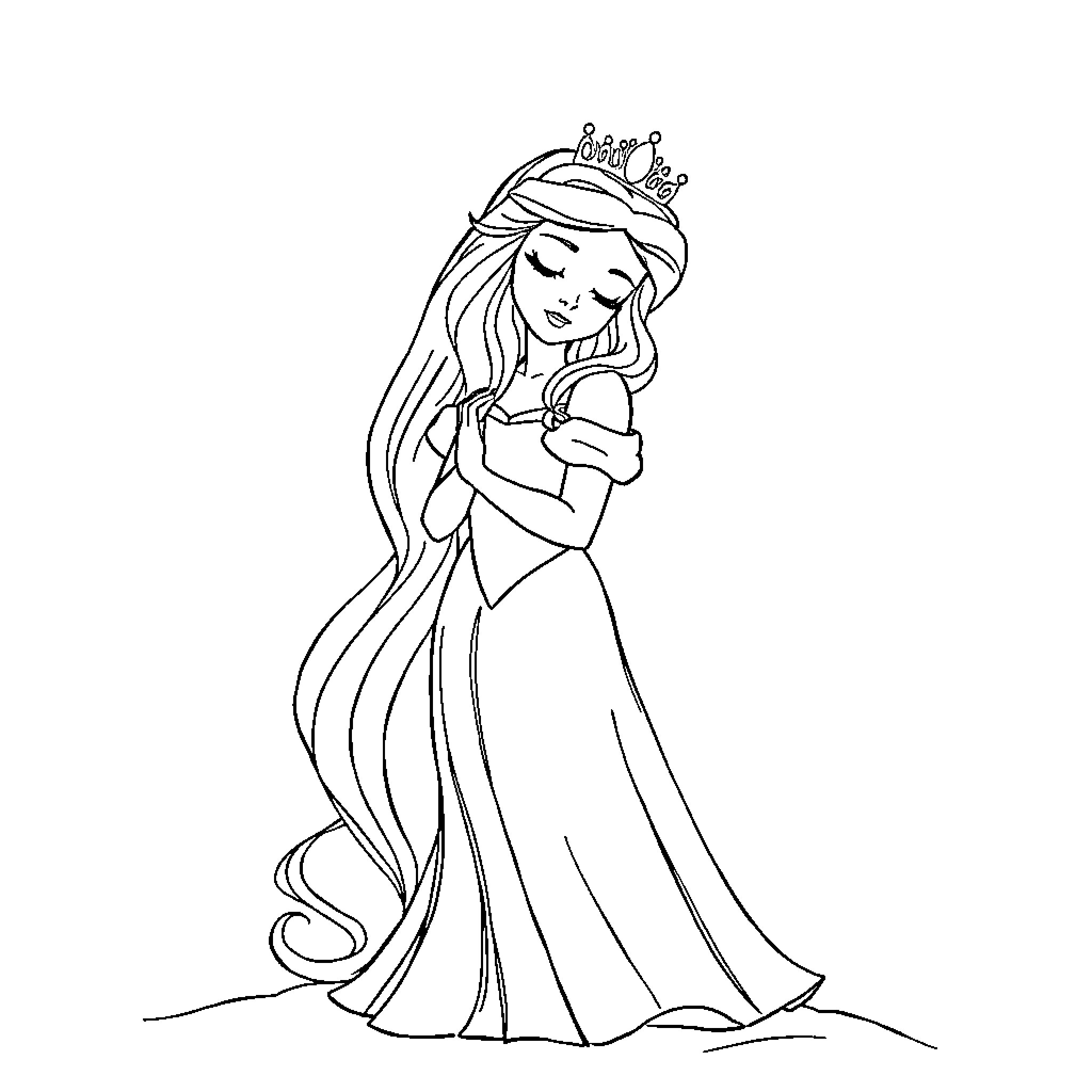 Sleeping Beauty dreaming peacefully in her royal dress Coloring Page (free black-and-white line drawing printable PDF for all, from beginners to advanced learners, including children, teens, adults, and seniors)