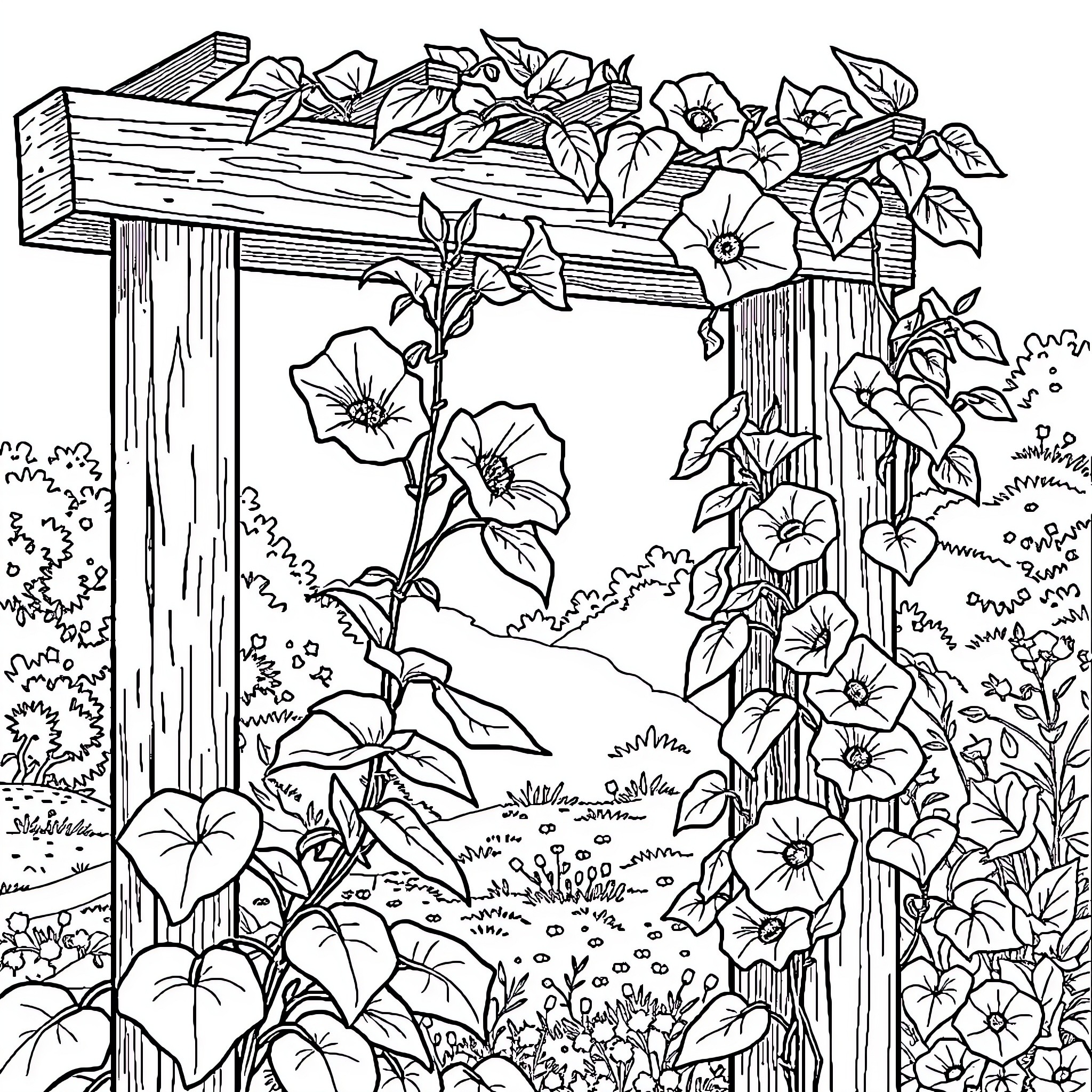 Morning Glory: Lush Garden of Blooming Flowers Coloring Page (free black-and-white line drawing printable PDF for all, from beginners to advanced learners, including children, teens, adults, and seniors)