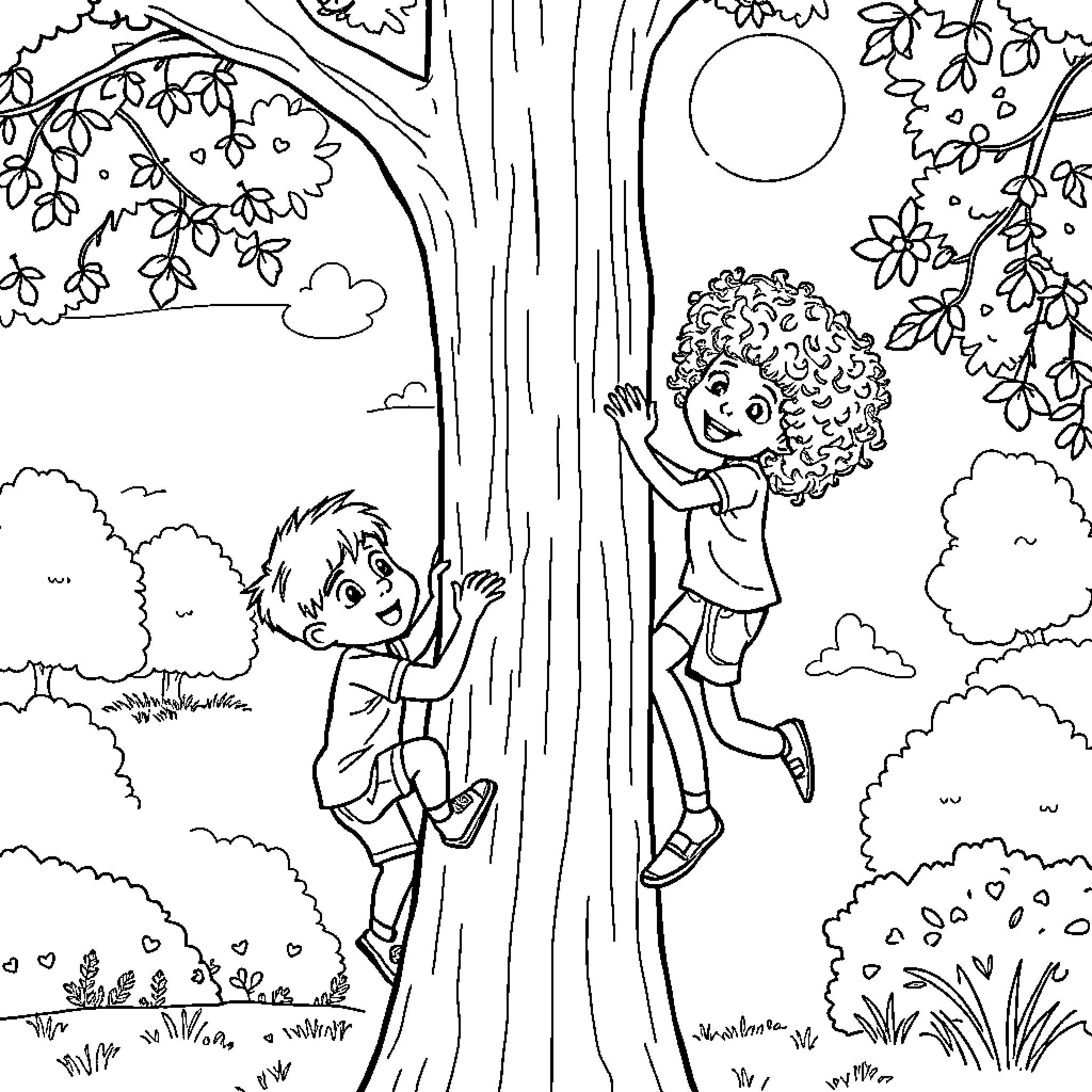 Boy and Girl Climbing and Playing in Nature Coloring Page (free black-and-white line drawing printable PDF for all, from beginners to advanced learners, including children, teens, adults, and seniors)