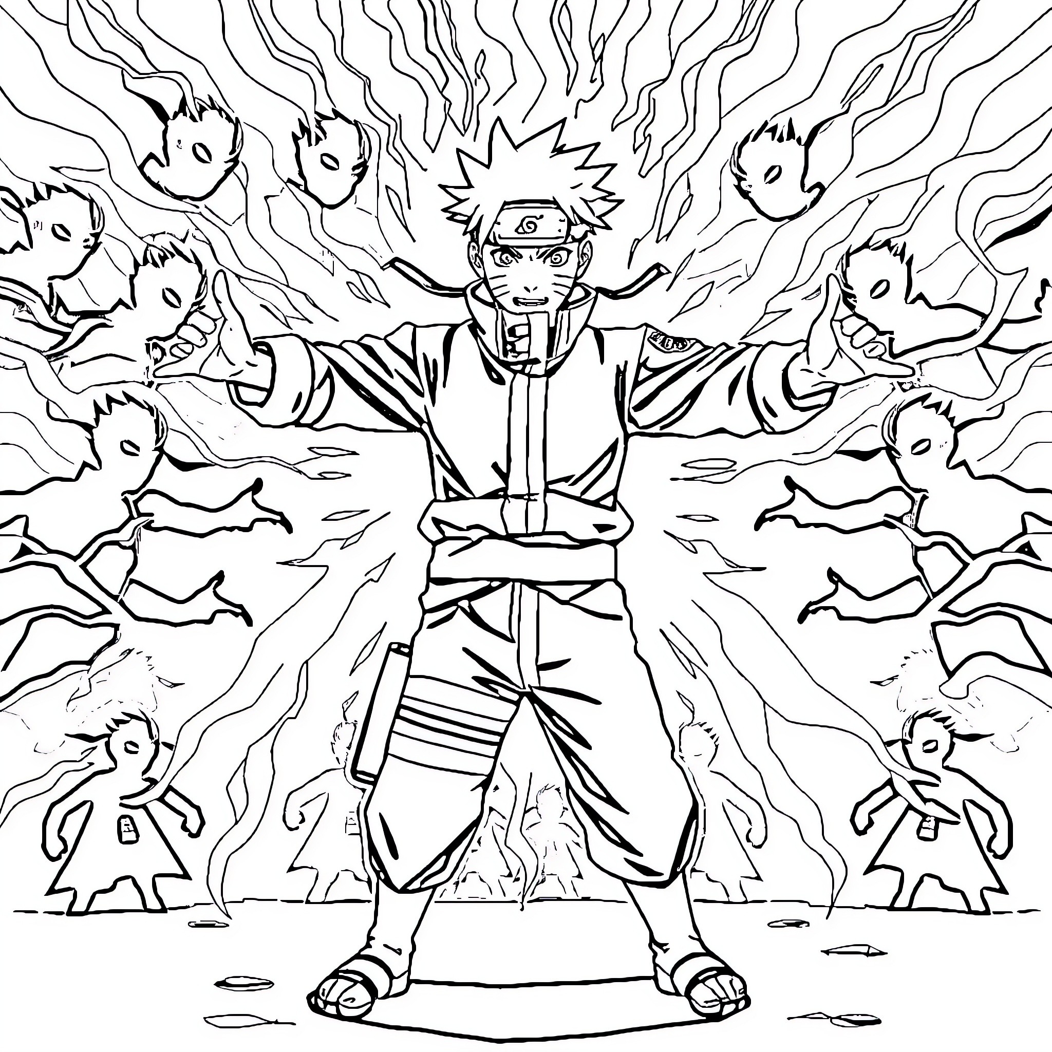 Naruto unleashing powerful ninja abilities in an epic battle Coloring Page (free black-and-white line drawing printable PDF for all, from beginners to advanced learners, including children, teens, adults, and seniors)