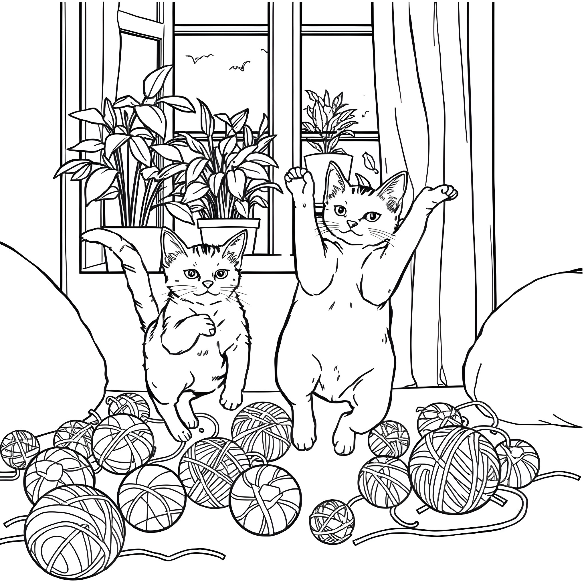 Bombay Cats Playing with Yarn Balls Coloring Page (free black-and-white line drawing printable PDF for all, from beginners to advanced learners, including children, teens, adults, and seniors)