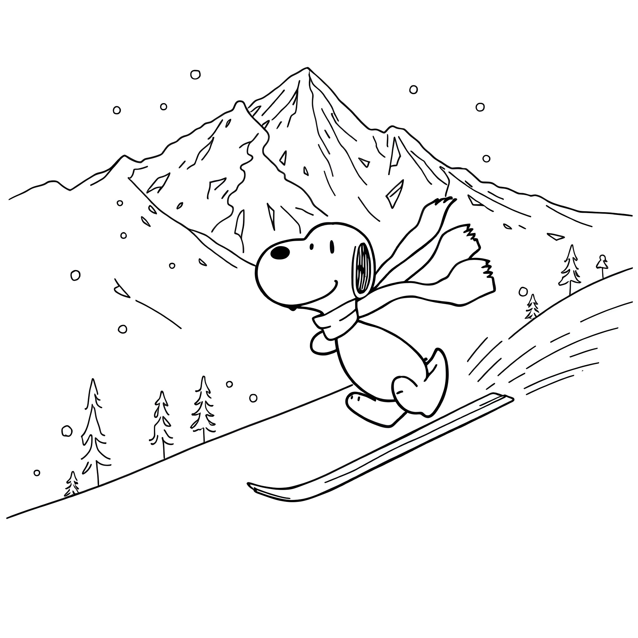 Snoopy skiing down a snowy mountain Coloring Page (free black-and-white line drawing printable PDF for all, from beginners to advanced learners, including children, teens, adults, and seniors)