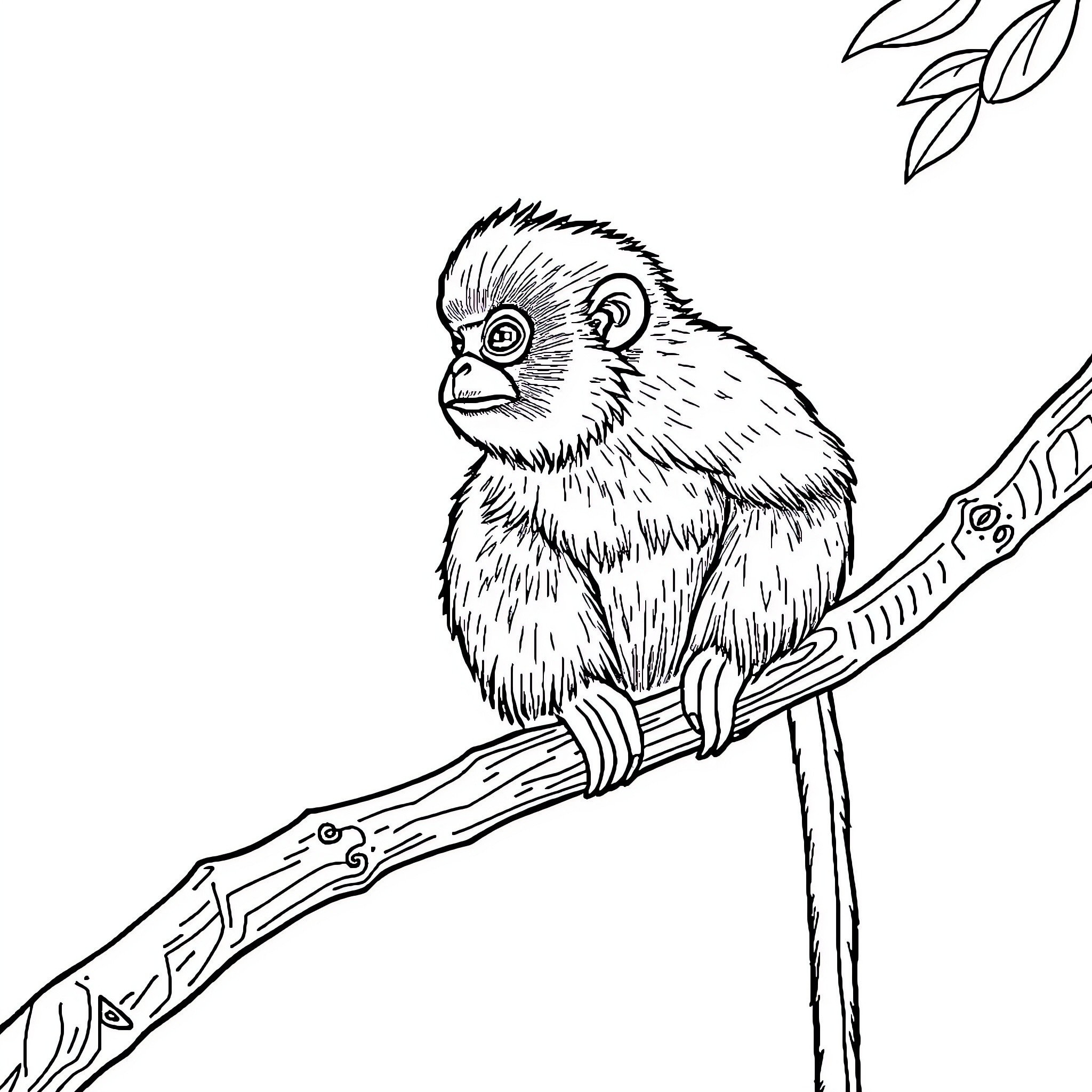 Bumbertina's Curious Monkey Encounter in the Jungle Coloring Page (free black-and-white line drawing printable PDF for all, from beginners to advanced learners, including children, teens, adults, and seniors)