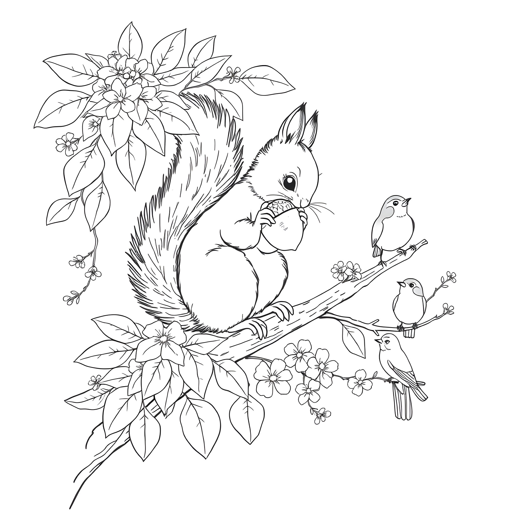 Squirrel and birds among floral foliage Coloring Page (free black-and-white line drawing printable PDF for all, from beginners to advanced learners, including children, teens, adults, and seniors)