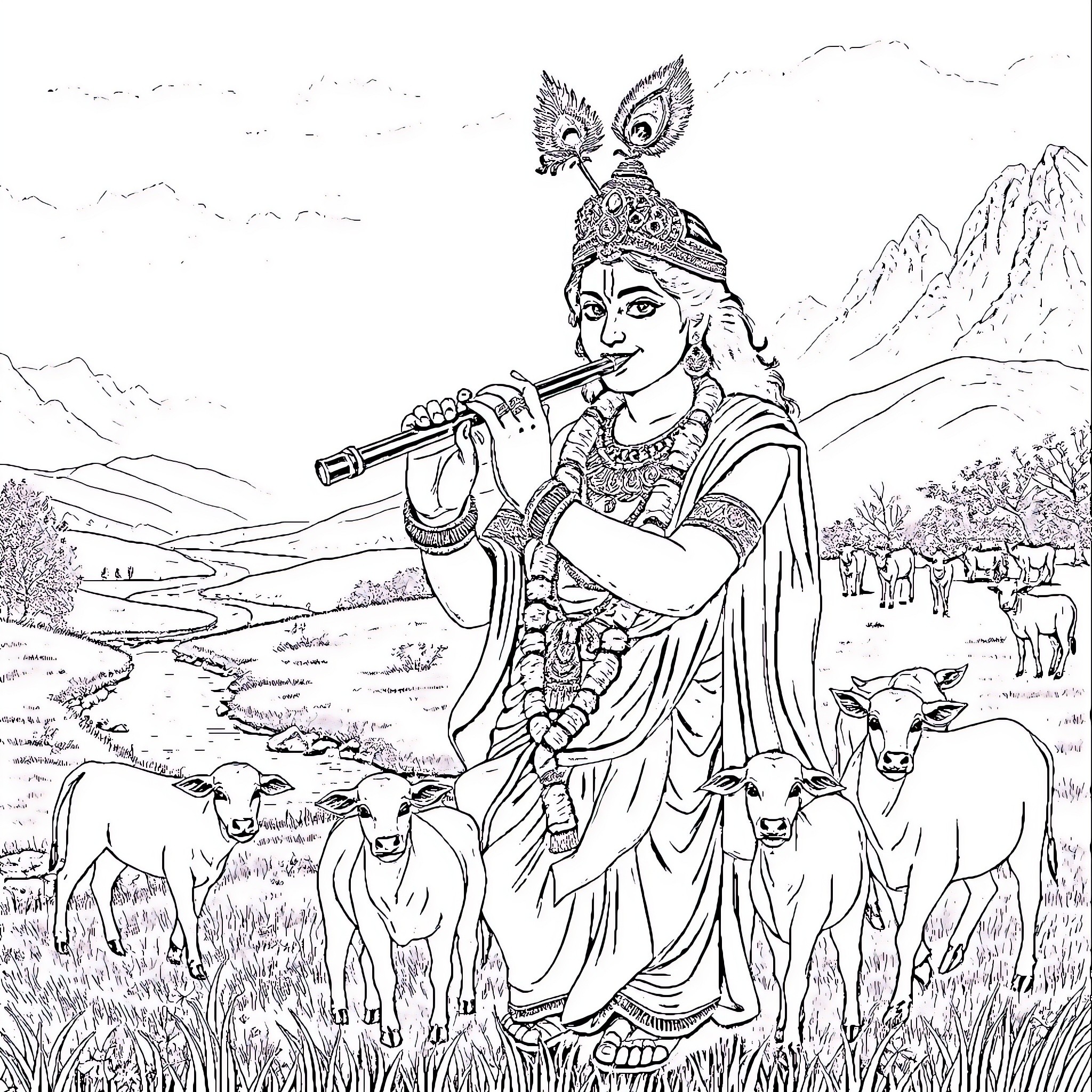 Krishna playing the flute amidst a pastoral scene Coloring Page (free black-and-white line drawing printable PDF for all, from beginners to advanced learners, including children, teens, adults, and seniors)