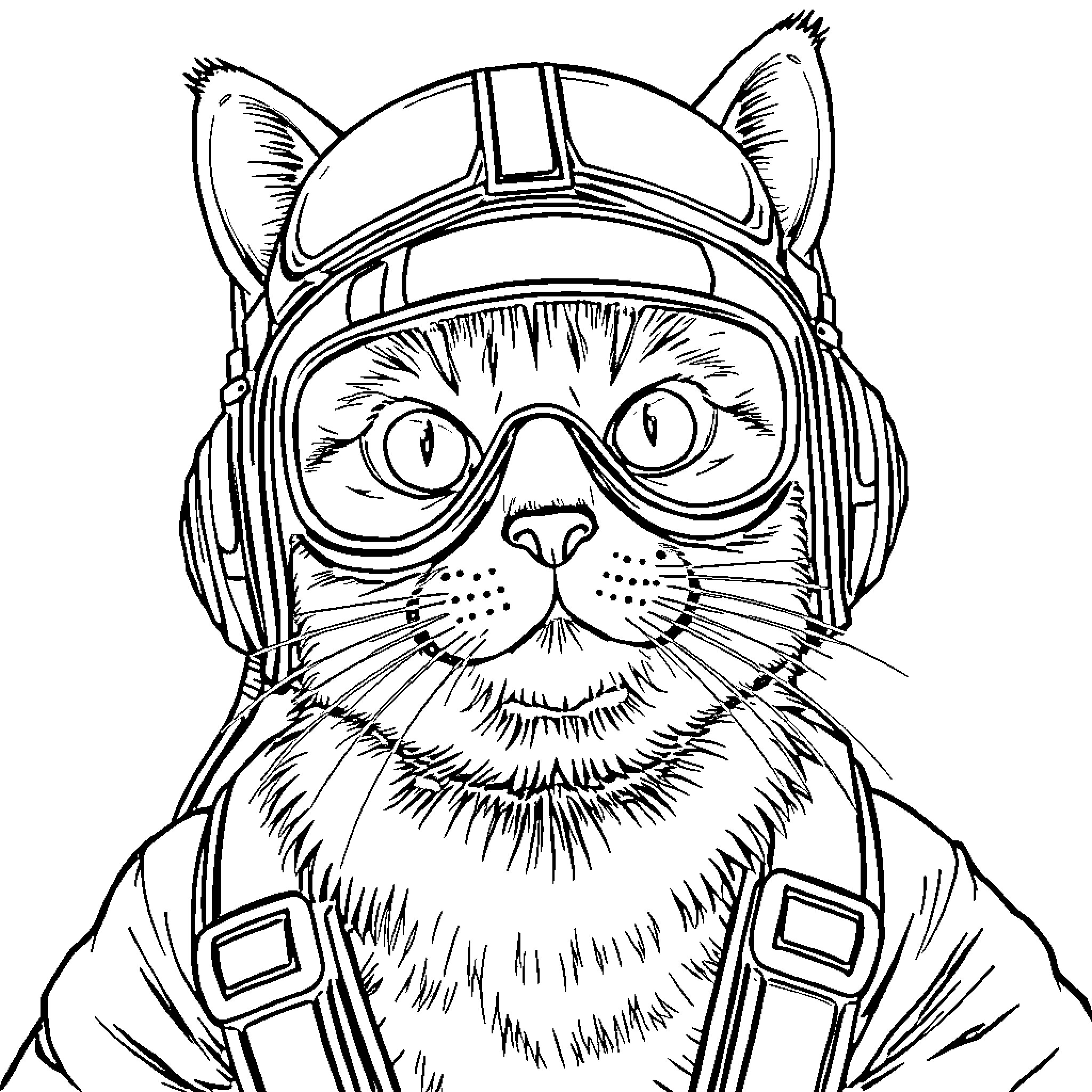 Cat wearing a protective helmet Coloring Page (free black-and-white line drawing printable PDF for all, from beginners to advanced learners, including children, teens, adults, and seniors)
