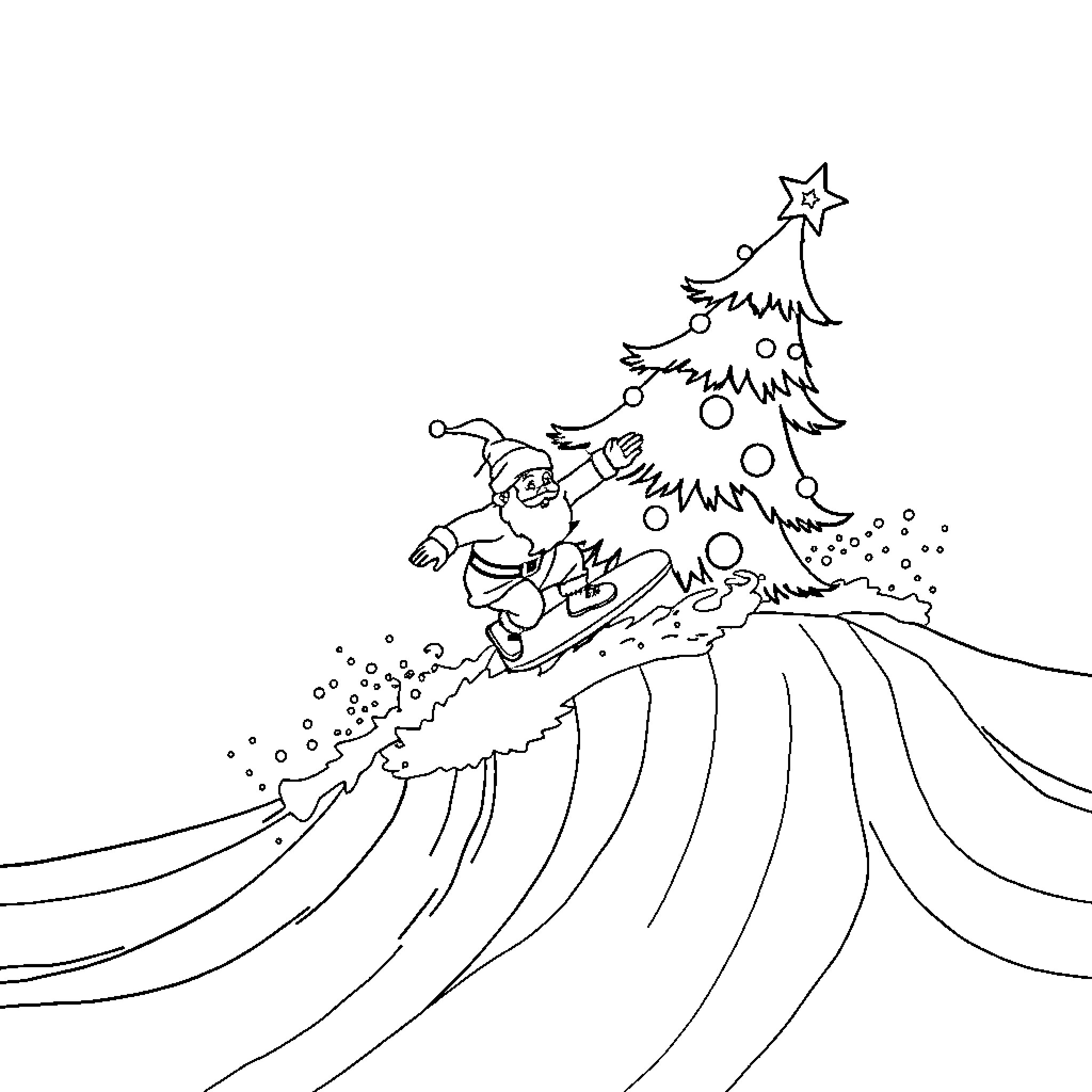 Santa riding down snowy hill with decorated tree Coloring Page (free black-and-white line drawing printable PDF for all, from beginners to advanced learners, including children, teens, adults, and seniors)