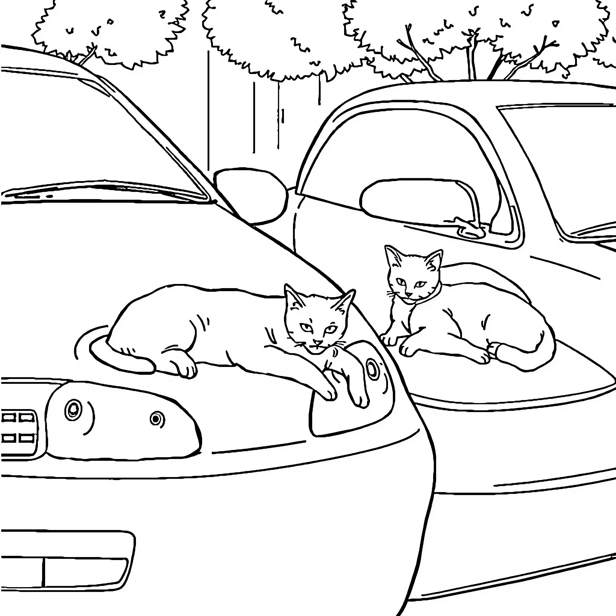 Cats relaxing in a car on a road trip Coloring Page (free black-and-white line drawing printable PDF for all, from beginners to advanced learners, including children, teens, adults, and seniors)