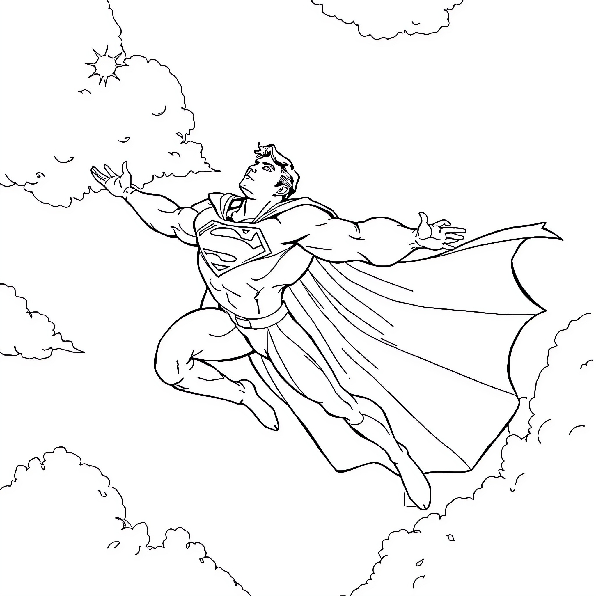 Superman flying heroically through the clouds Coloring Page (free black-and-white line drawing printable PDF for all, from beginners to advanced learners, including children, teens, adults, and seniors)
