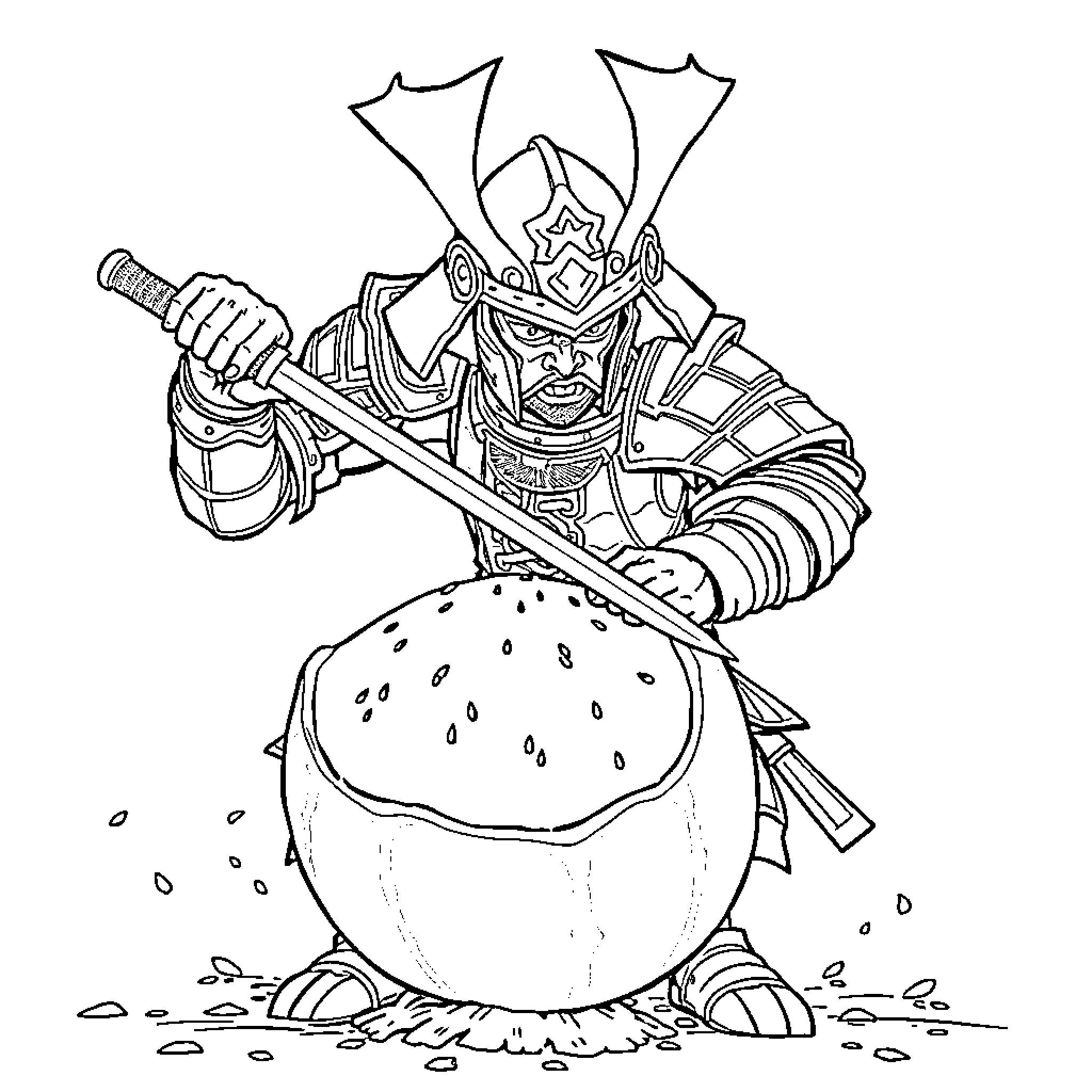 Samurai warrior with swords beside a large rock Coloring Page (free black-and-white line drawing printable PDF for all, from beginners to advanced learners, including children, teens, adults, and seniors)