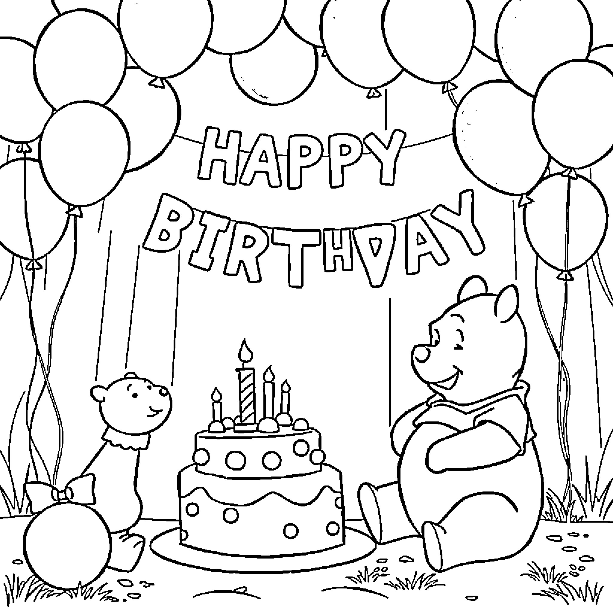 Winnie The Pooh celebrates a happy birthday with balloons and cake Coloring Page (free black-and-white line drawing printable PDF for all, from beginners to advanced learners, including children, teens, adults, and seniors)