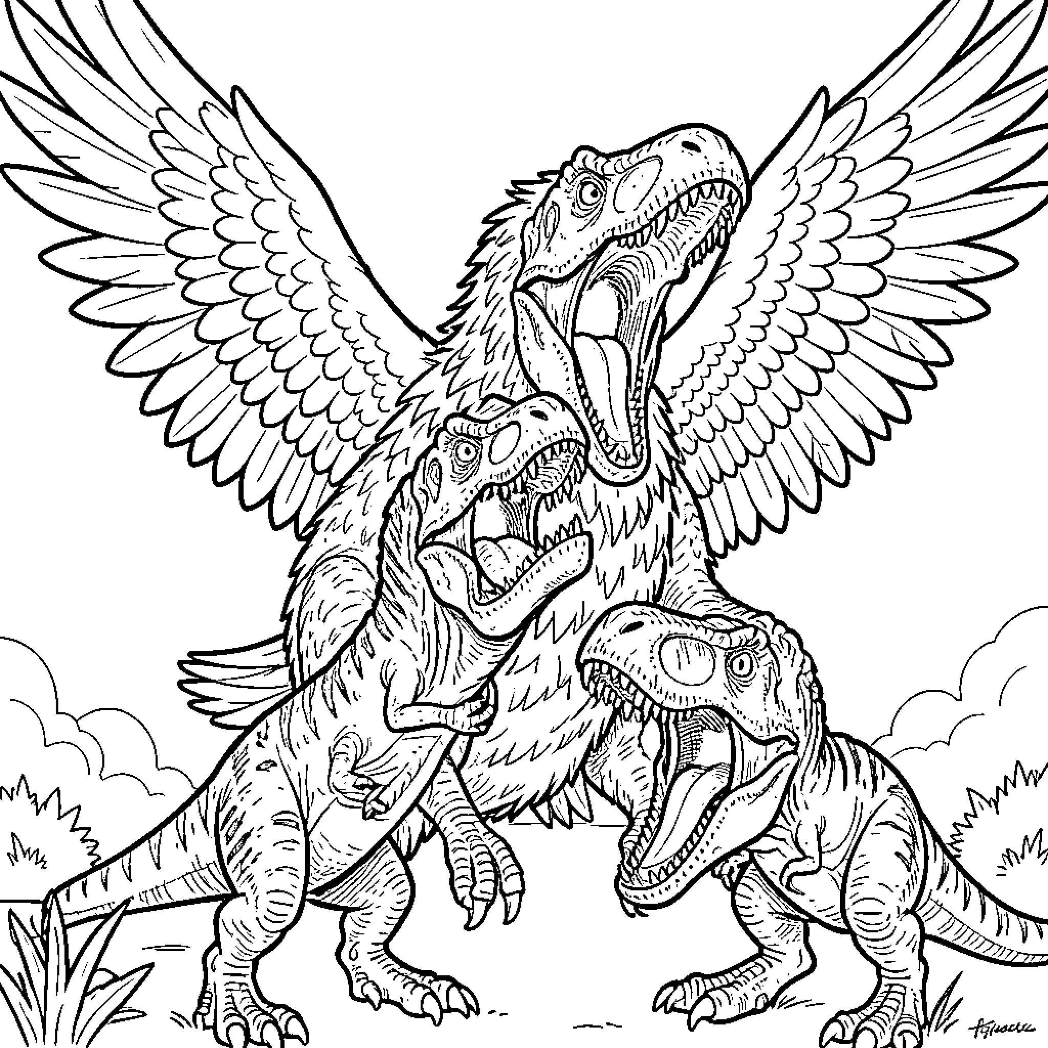 Bird battling ferocious dinosaurs in the clouds Coloring Page (free black-and-white line drawing printable PDF for all, from beginners to advanced learners, including children, teens, adults, and seniors)