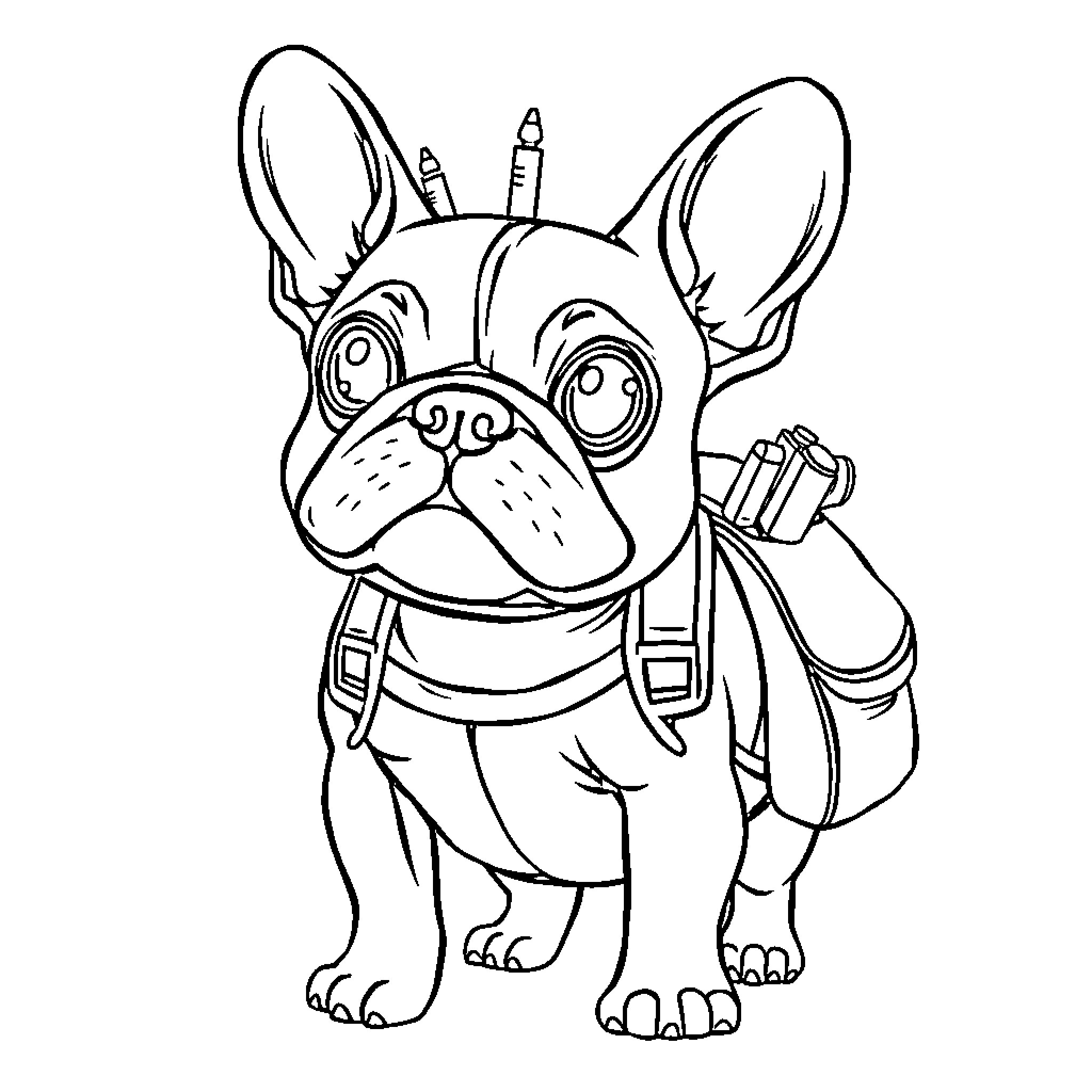 French Bulldog with Backpack and School Supplies Coloring Page (free black-and-white line drawing printable PDF for all, from beginners to advanced learners, including children, teens, adults, and seniors)