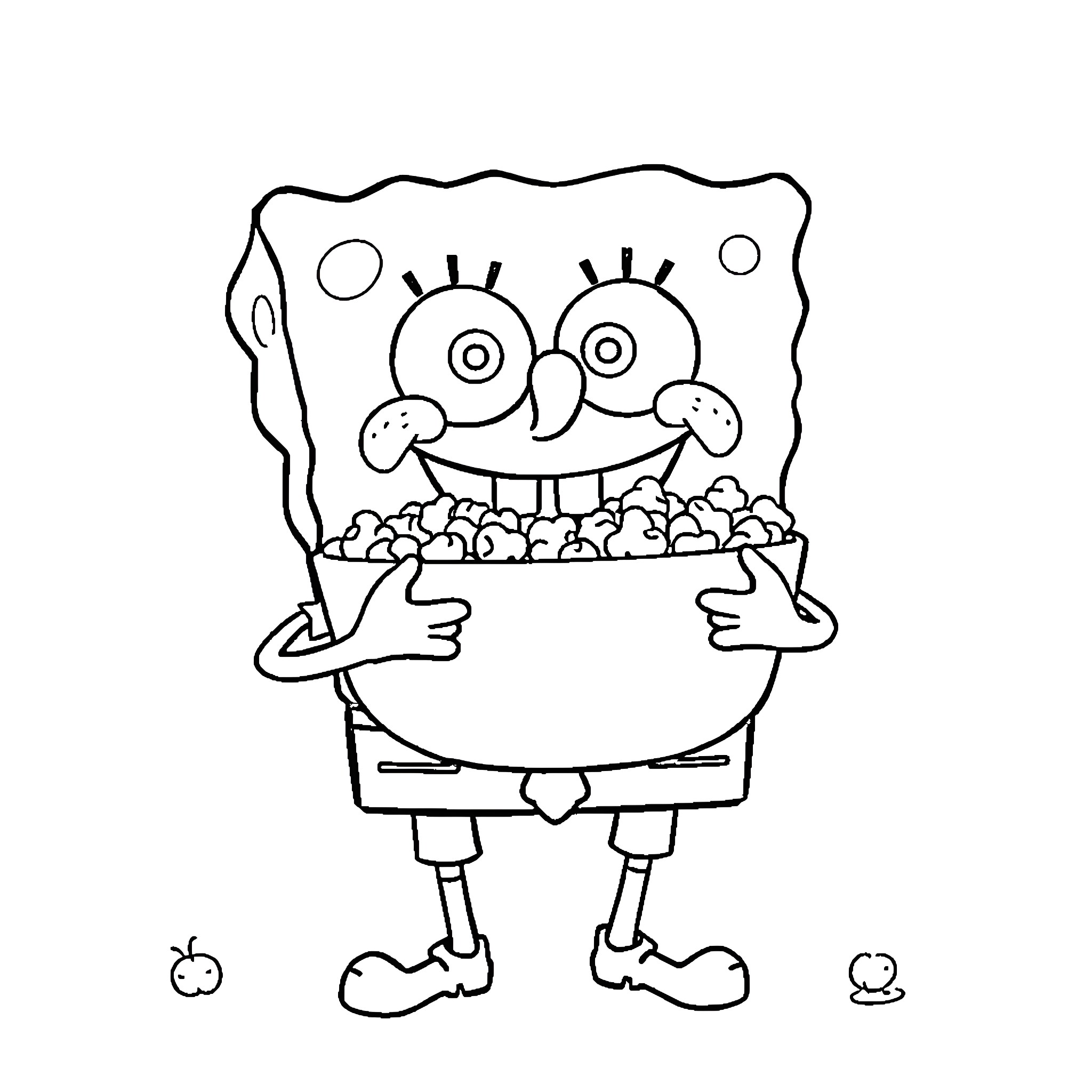 Spongebob holding a bowl of popcorn Coloring Page (free black-and-white line drawing printable PDF for all, from beginners to advanced learners, including children, teens, adults, and seniors)